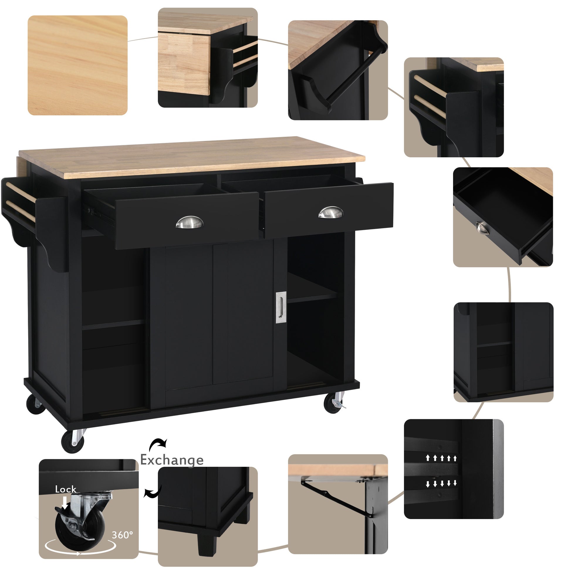 Kitchen Cart With Rubber Wood Drop Leaf Countertop, Concealed Sliding Barn Door Adjustable Height,Kitchen Island On 4 Wheels With Storage Cabinet And 2 Drawers,L52.2Xw30.5Xh36.6 Inch, Black Black Mdf