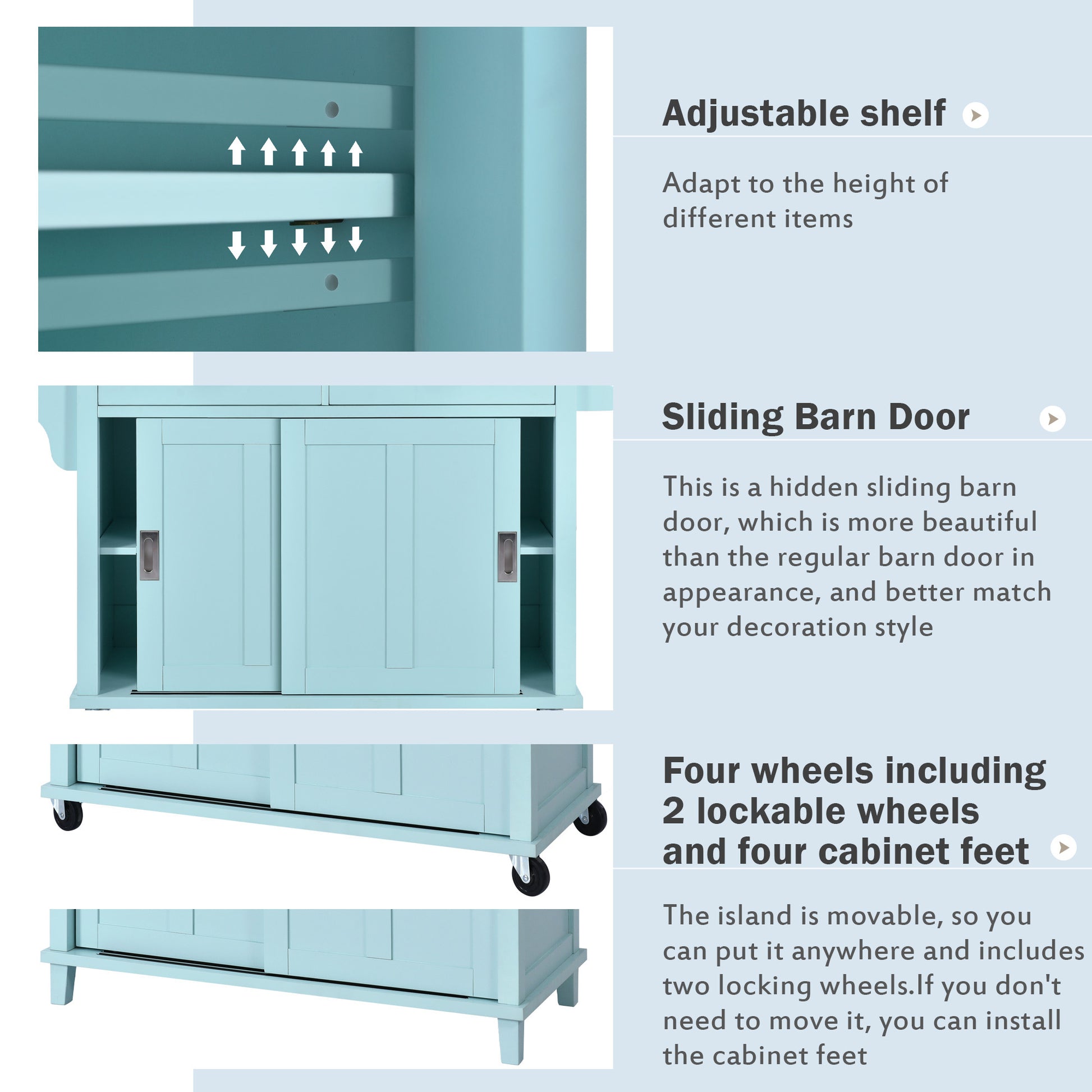 Kitchen Cart With Rubber Wood Drop Leaf Countertop, Concealed Sliding Barn Door Adjustable Height,Kitchen Island On 4 Wheels With Storage Cabinet And 2 Drawers,L52.2Xw30.5Xh36.6 Inch, Mint Green Mint Green Mdf