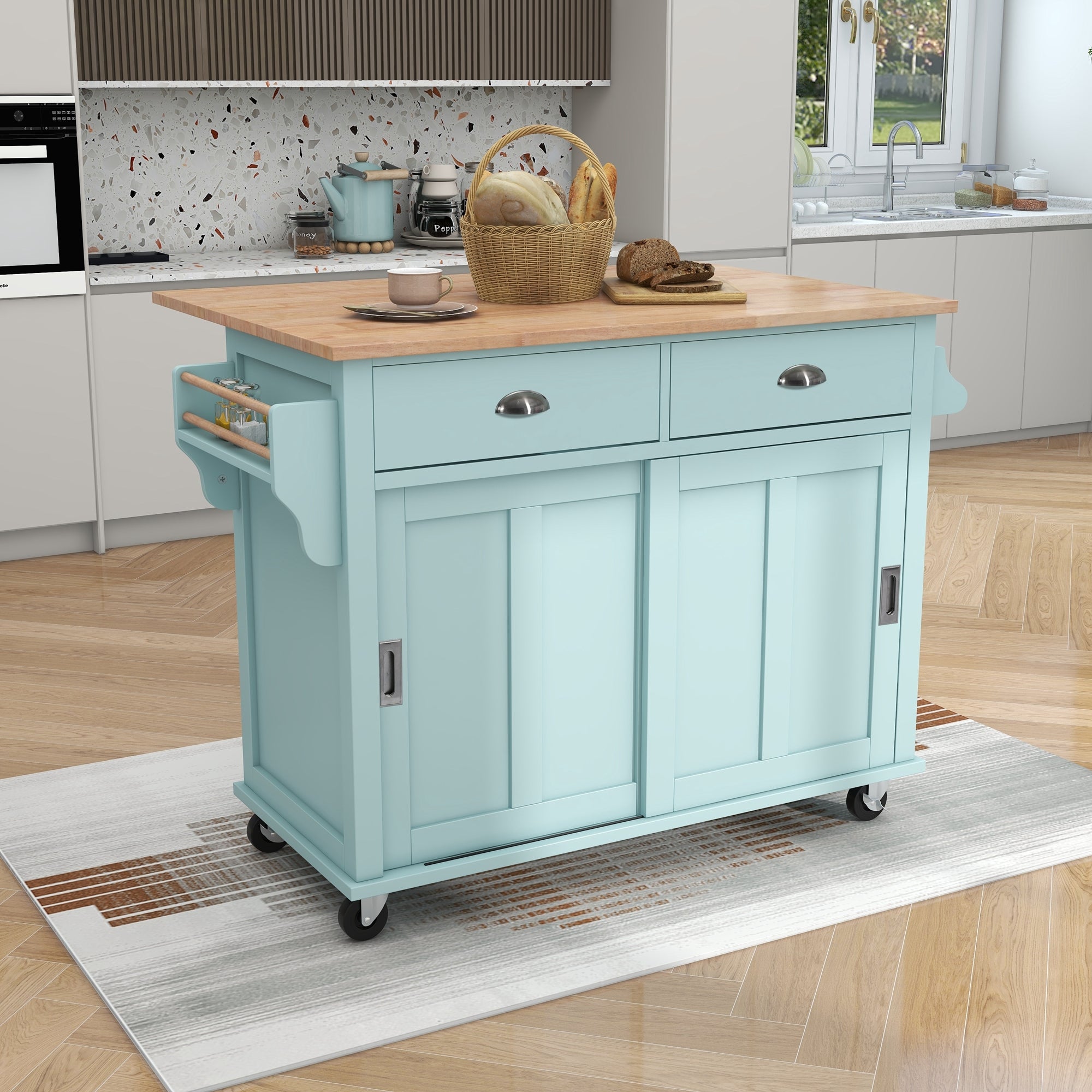 Kitchen Cart With Rubber Wood Drop Leaf Countertop, Concealed Sliding Barn Door Adjustable Height,Kitchen Island On 4 Wheels With Storage Cabinet And 2 Drawers,L52.2Xw30.5Xh36.6 Inch, Mint Green Mint Green Mdf