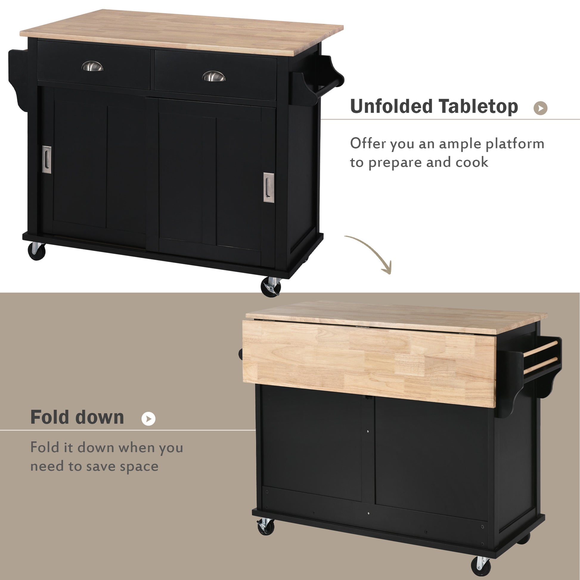 Kitchen Cart With Rubber Wood Drop Leaf Countertop, Concealed Sliding Barn Door Adjustable Height,Kitchen Island On 4 Wheels With Storage Cabinet And 2 Drawers,L52.2Xw30.5Xh36.6 Inch, Black Black Mdf