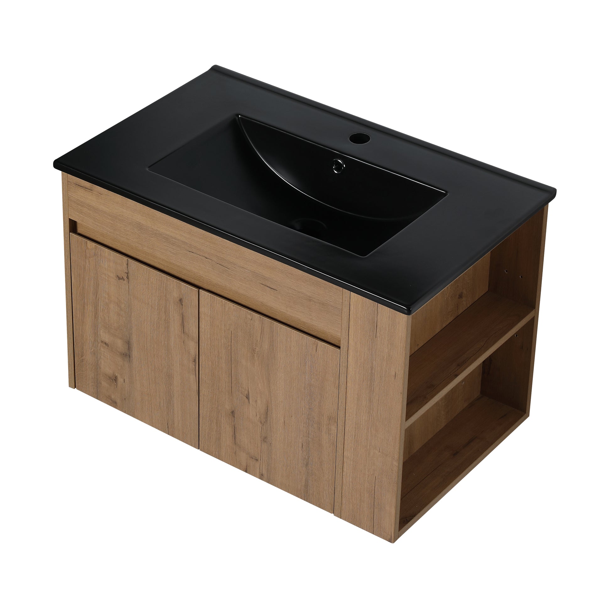 30 Inch Bathroom Vanity With Black Ceramic Basin And Adjust Open Shelf Kd Packing Imitative Oak Plywood