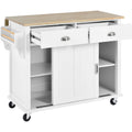 Kitchen Cart With Rubber Wood Drop Leaf Countertop, Concealed Sliding Barn Door Adjustable Height,Kitchen Island On 4 Wheels With Storage Cabinet And 2 Drawers,L52.2Xw30.5Xh36.6 Inch, White White Mdf