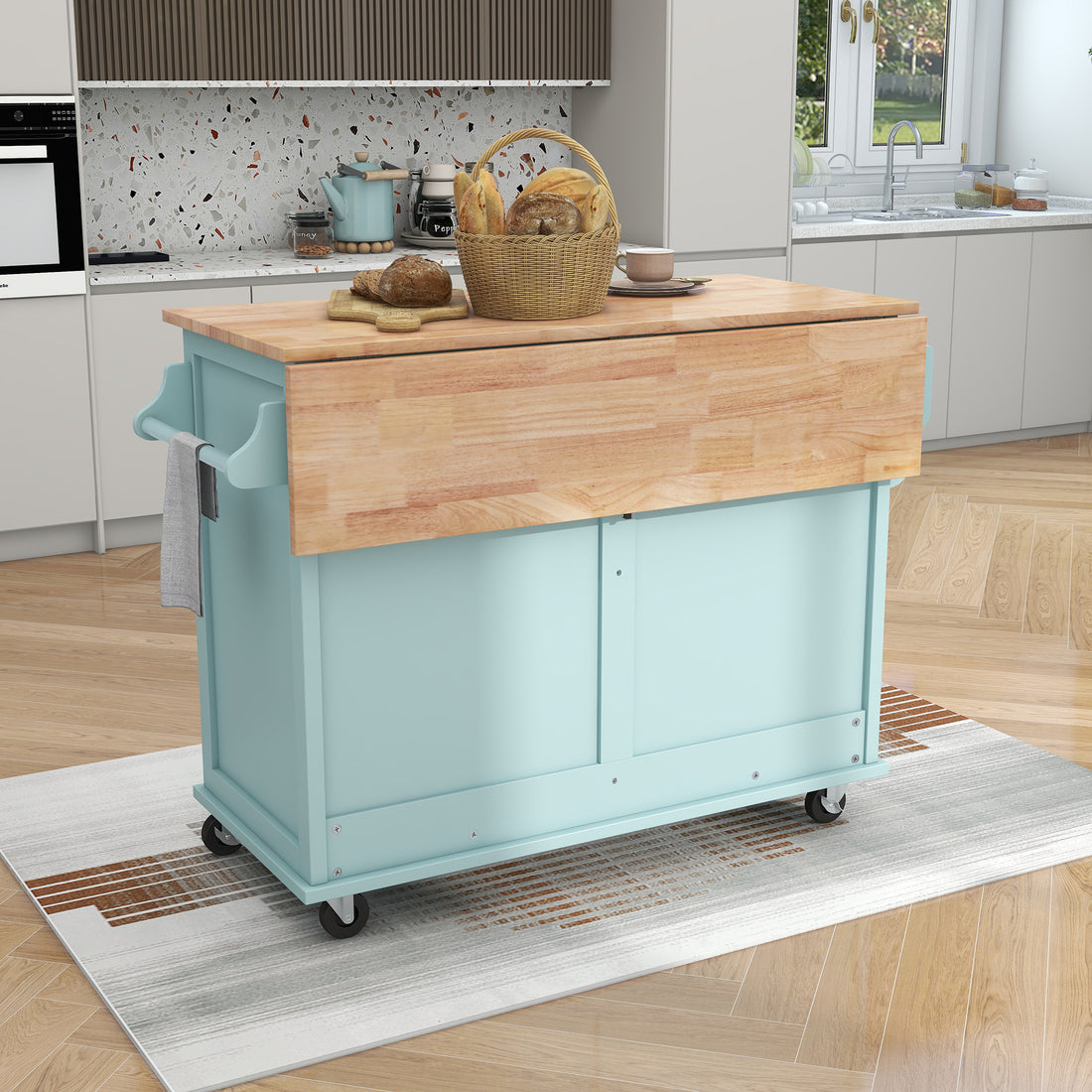 Kitchen Cart With Rubber Wood Drop Leaf Countertop, Concealed Sliding Barn Door Adjustable Height,Kitchen Island On 4 Wheels With Storage Cabinet And 2 Drawers,L52.2Xw30.5Xh36.6 Inch, Mint Green Mint Green Mdf