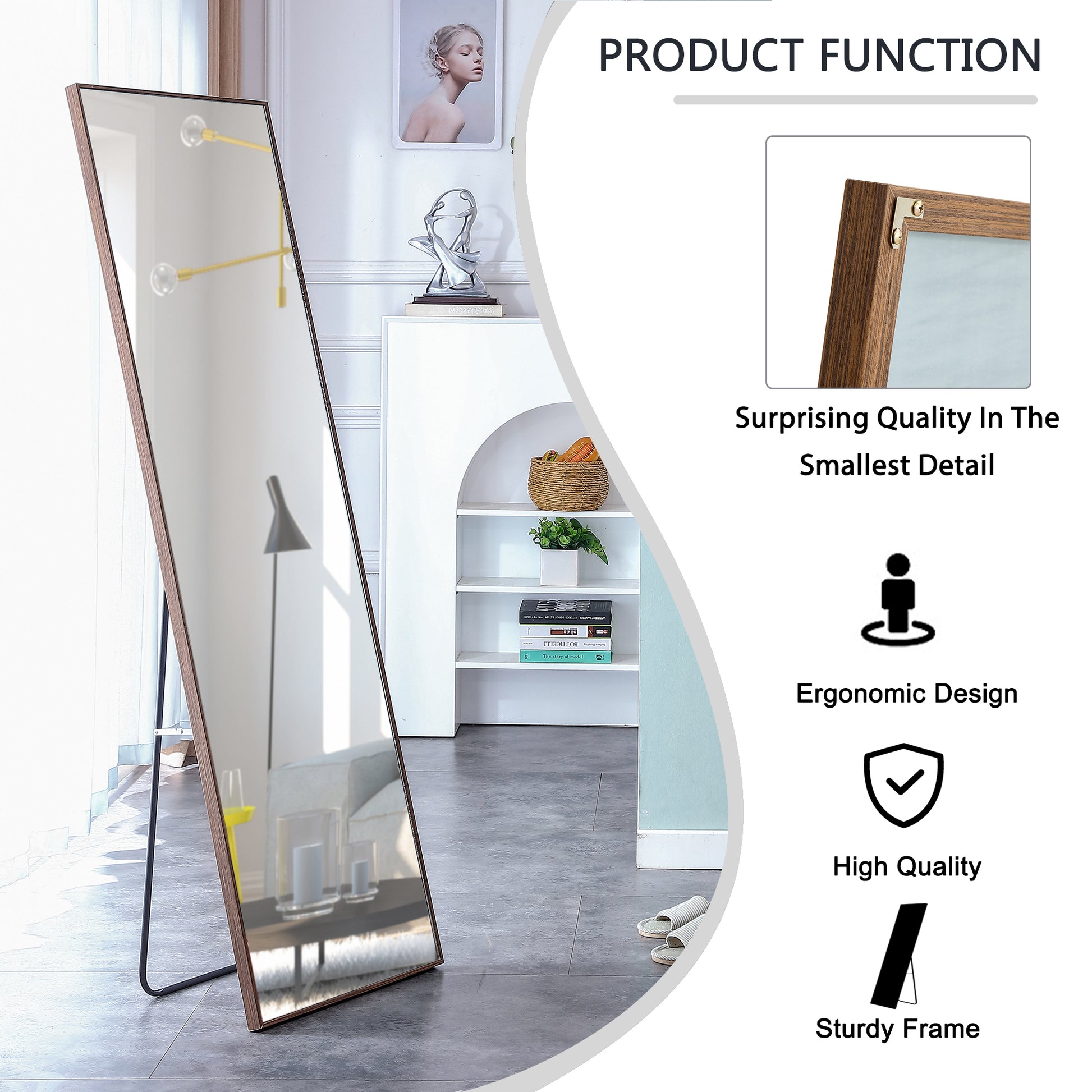 Brown Solid Wood Frame Full Length Mirror, Dressing Mirror, Bedroom Home Porch, Decorative Mirror, Clothing Store, Floor Mounted Large Mirror, Wall Mounted.63"*19" Brown Glass