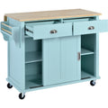 Kitchen Cart With Rubber Wood Drop Leaf Countertop, Concealed Sliding Barn Door Adjustable Height,Kitchen Island On 4 Wheels With Storage Cabinet And 2 Drawers,L52.2Xw30.5Xh36.6 Inch, Mint Green Mint Green Mdf