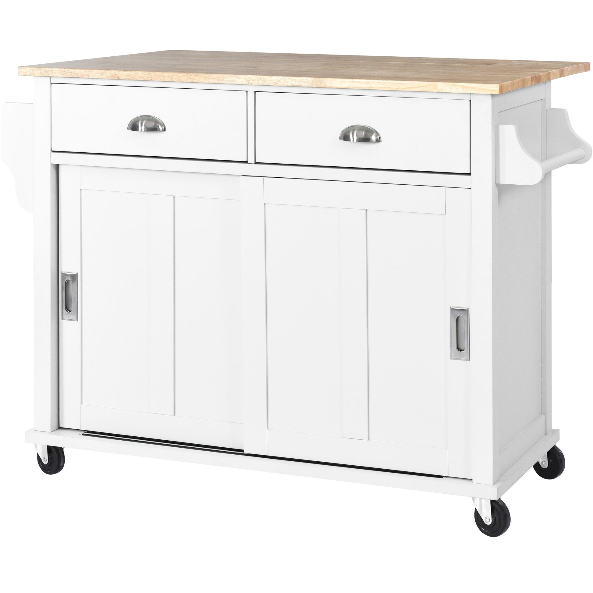 Kitchen Cart With Rubber Wood Drop Leaf Countertop, Concealed Sliding Barn Door Adjustable Height,Kitchen Island On 4 Wheels With Storage Cabinet And 2 Drawers,L52.2Xw30.5Xh36.6 Inch, White White Mdf