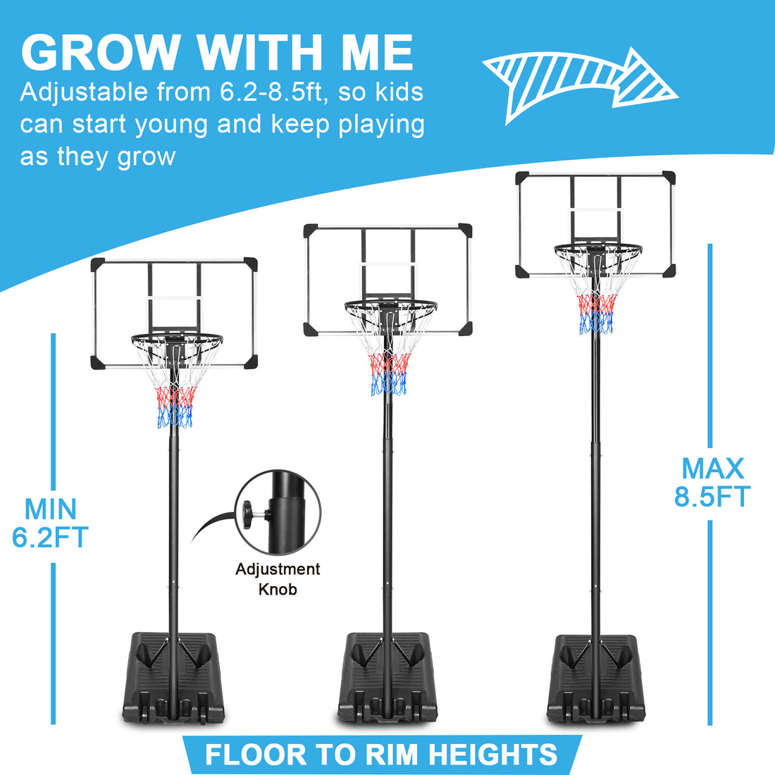 Portable Basketball Hoop & Goal Basketball Stand Height Adjustable 6.2 8.5Ft With 35.4Inch Transparent Backboard & Wheels For Youth Teenagers Outdoor Indoor Basketball Goal Game Play Transparent Iron