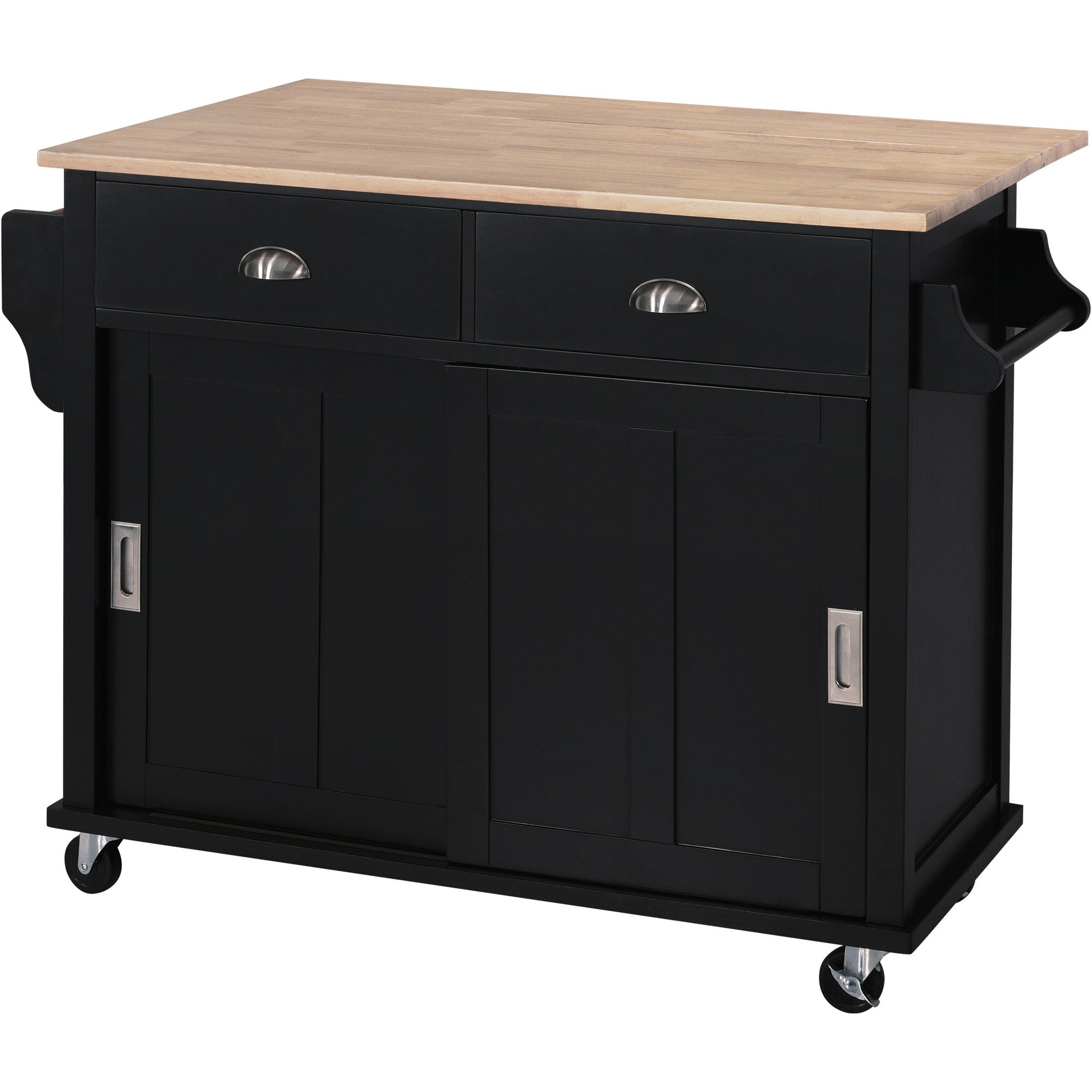 Kitchen Cart With Rubber Wood Drop Leaf Countertop, Concealed Sliding Barn Door Adjustable Height,Kitchen Island On 4 Wheels With Storage Cabinet And 2 Drawers,L52.2Xw30.5Xh36.6 Inch, Black Black Mdf