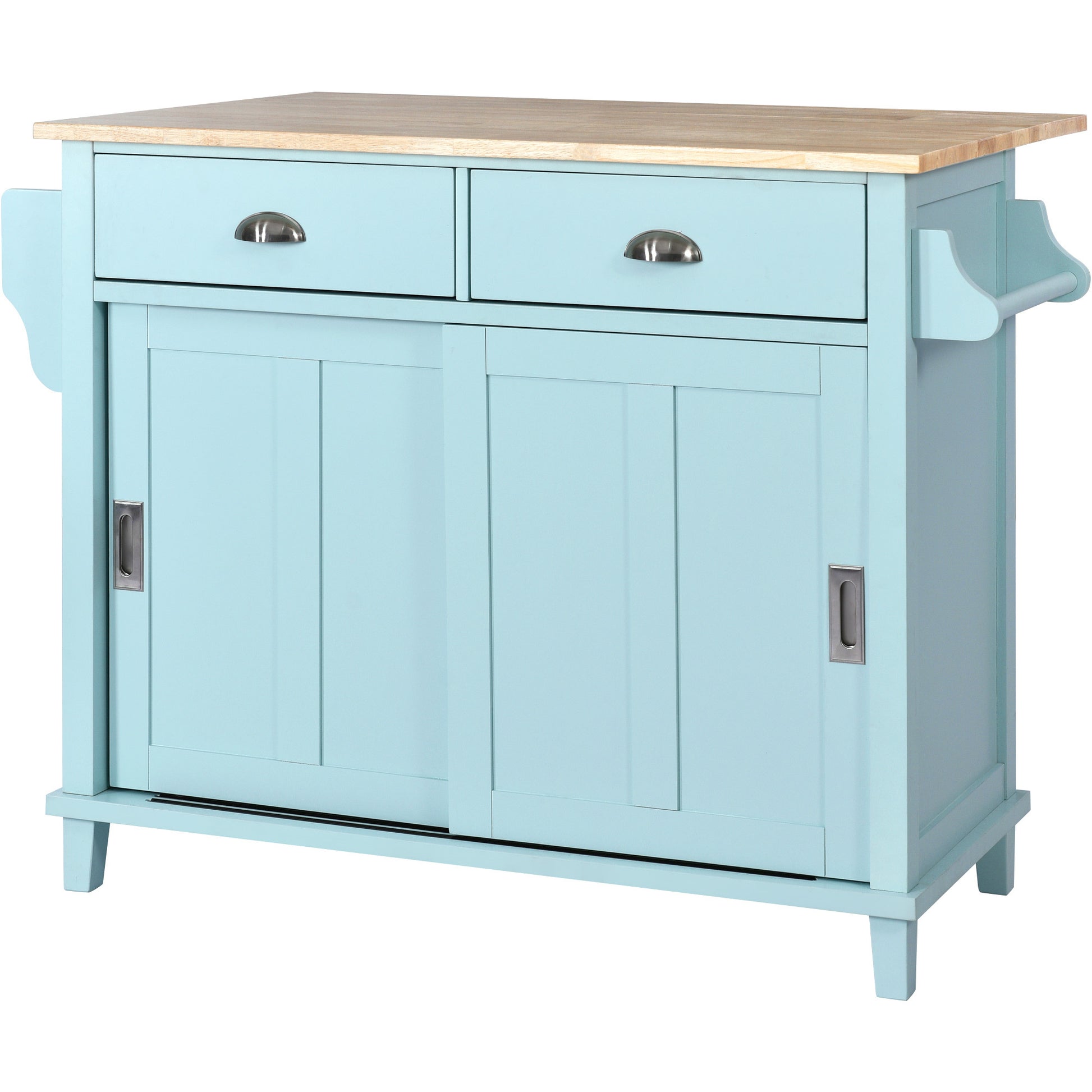 Kitchen Cart With Rubber Wood Drop Leaf Countertop, Concealed Sliding Barn Door Adjustable Height,Kitchen Island On 4 Wheels With Storage Cabinet And 2 Drawers,L52.2Xw30.5Xh36.6 Inch, Mint Green Mint Green Mdf