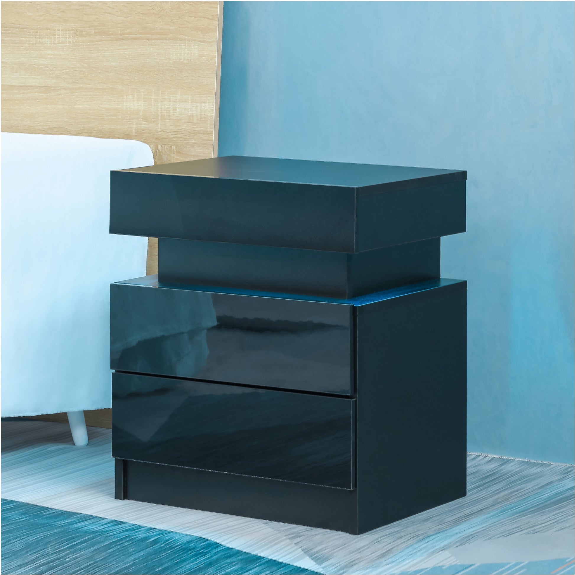 Led Nightstand Modern Black Nightstand With Led Lights Wood Led Bedside Table Nightstand With 2 High Gloss Drawers For Bedroom Standard 1 2 Drawers Black Bedroom Drawers Included American Design,American Traditional,Antique,Art Deco,Artsy Abs Pc Particle