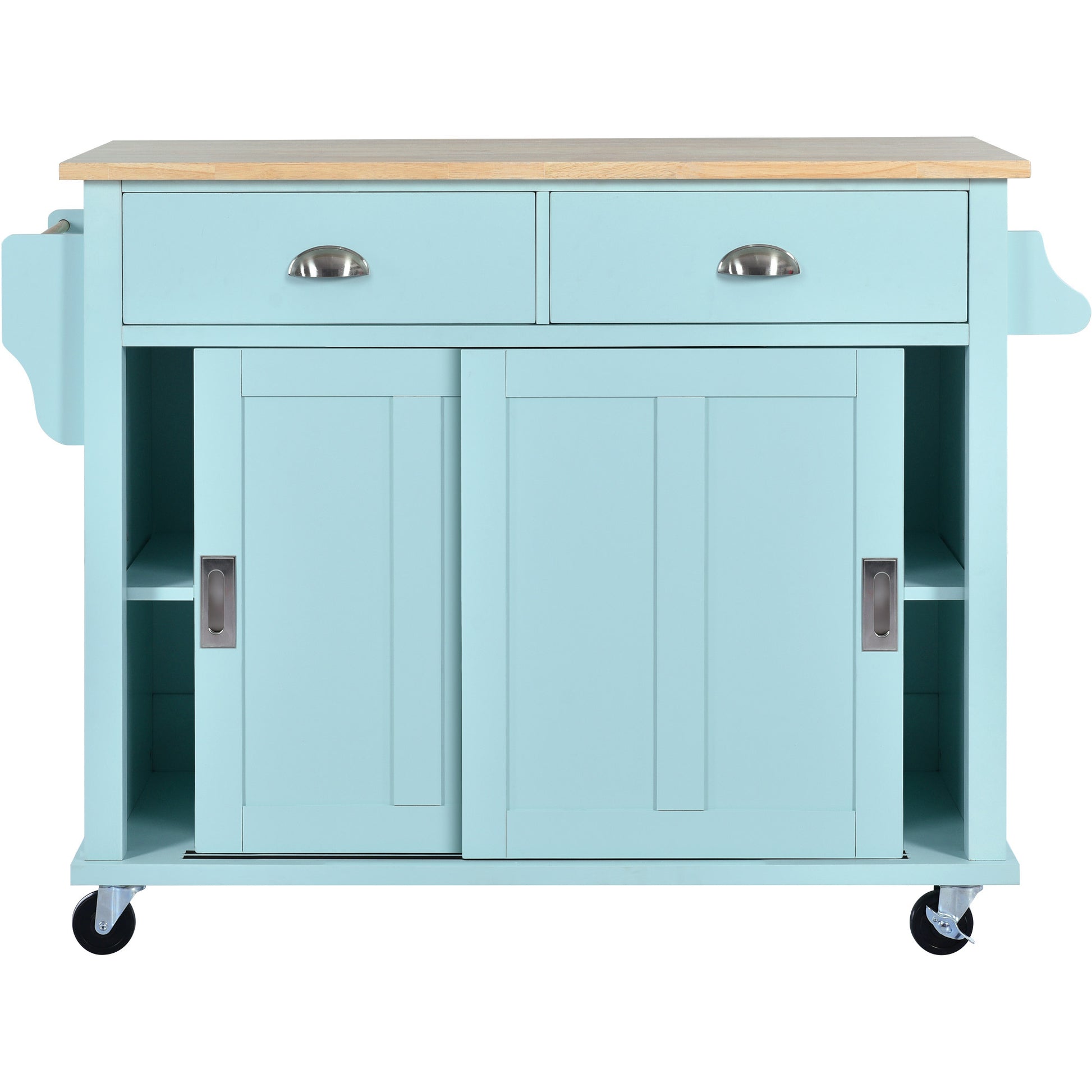 Kitchen Cart With Rubber Wood Drop Leaf Countertop, Concealed Sliding Barn Door Adjustable Height,Kitchen Island On 4 Wheels With Storage Cabinet And 2 Drawers,L52.2Xw30.5Xh36.6 Inch, Mint Green Mint Green Mdf