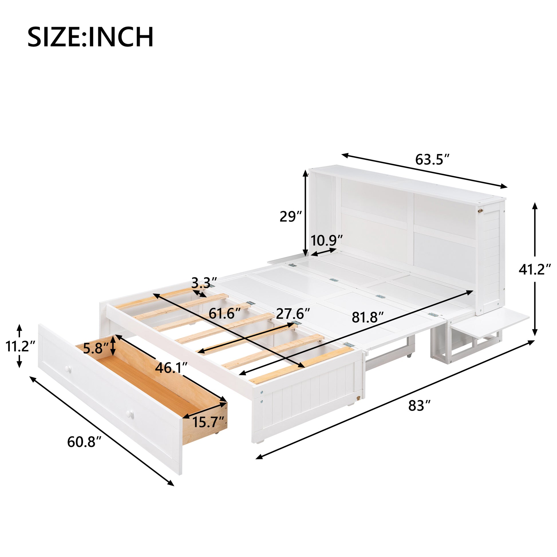 Queen Size Mobile Murphy Bed With Drawer And Little Shelves On Each Side,White Box Spring Not Required Queen White Wood Pine Pine