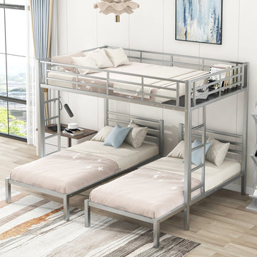 Full Over Twin&Twin Size Bunk Bed With Built In Shelf, Silver Full Silver Metal