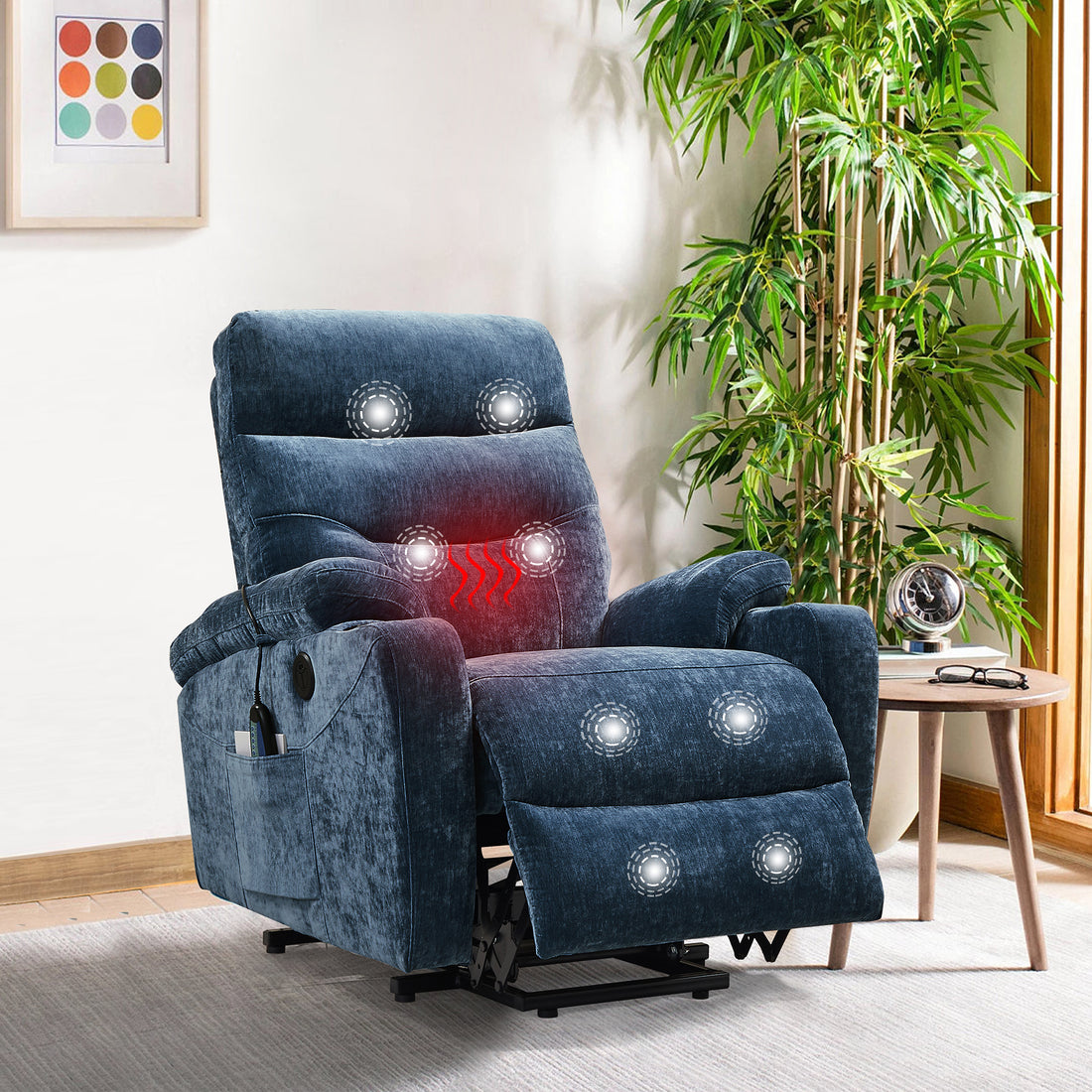 Liyasi Electric Power Lift Recliner Chair Sofa With Massage And Heat For Elderly, 3 Positions, 2 Side Pockets And Cup Holders, Usb Ports, High End Quality Fabric Blue Foam Fabric