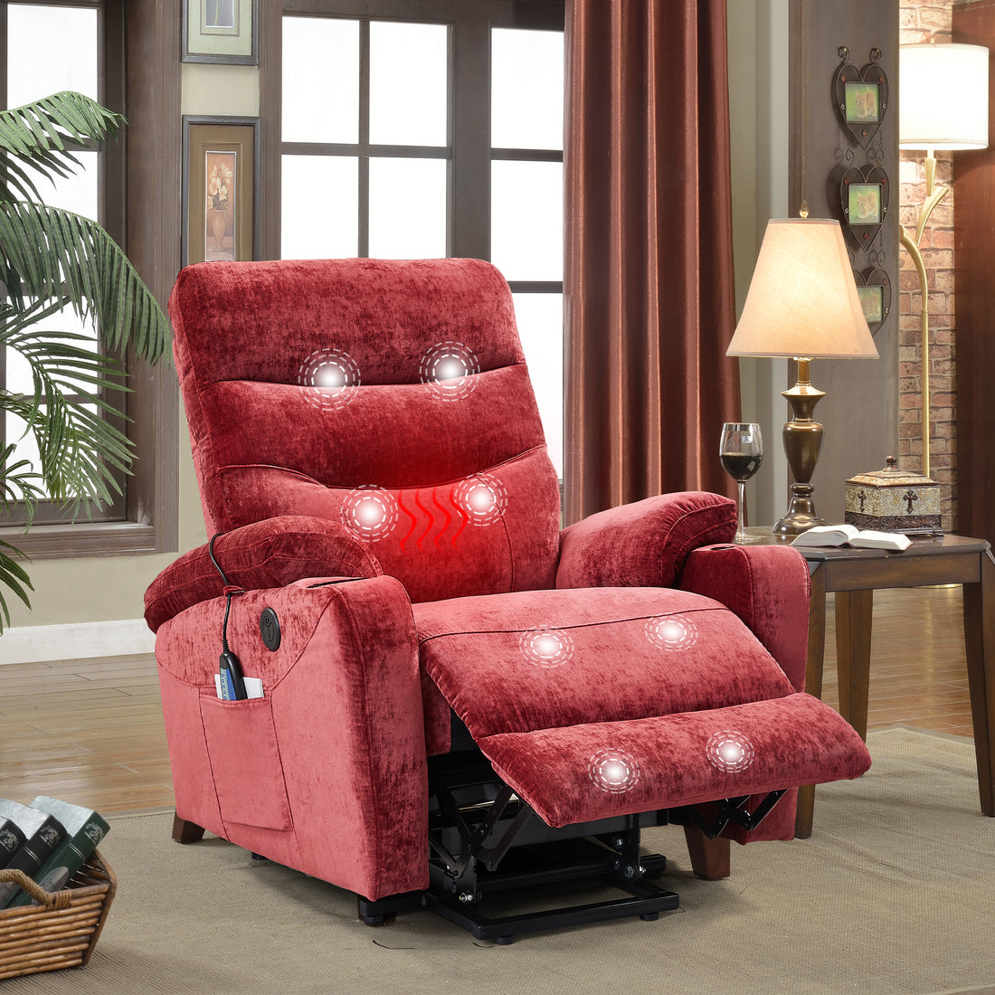 Liyasi Electric Power Lift Recliner Chair Sofa With Massage And Heat For Elderly, 3 Positions, 2 Side Pockets And Cup Holders, Usb Ports, High End Quality Fabric Red Foam Fabric