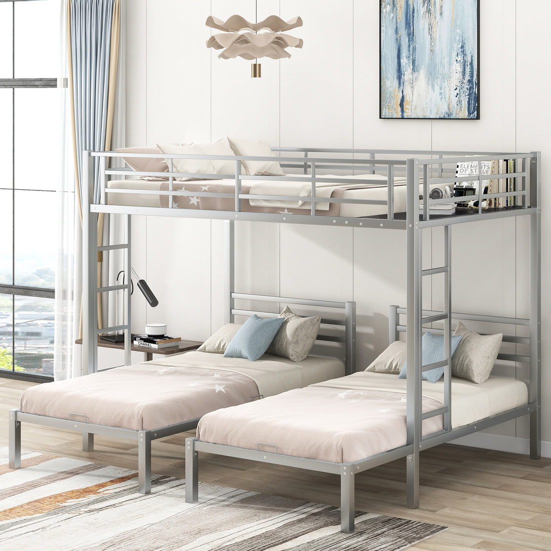 Full Over Twin&Twin Size Bunk Bed With Built In Shelf, Silver Full Silver Metal