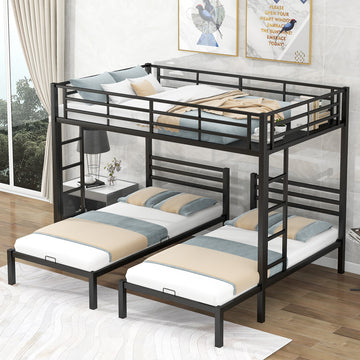 Full Over Twin&Twin Size Bunk Bed With Built In Shelf, Black Full Black Metal