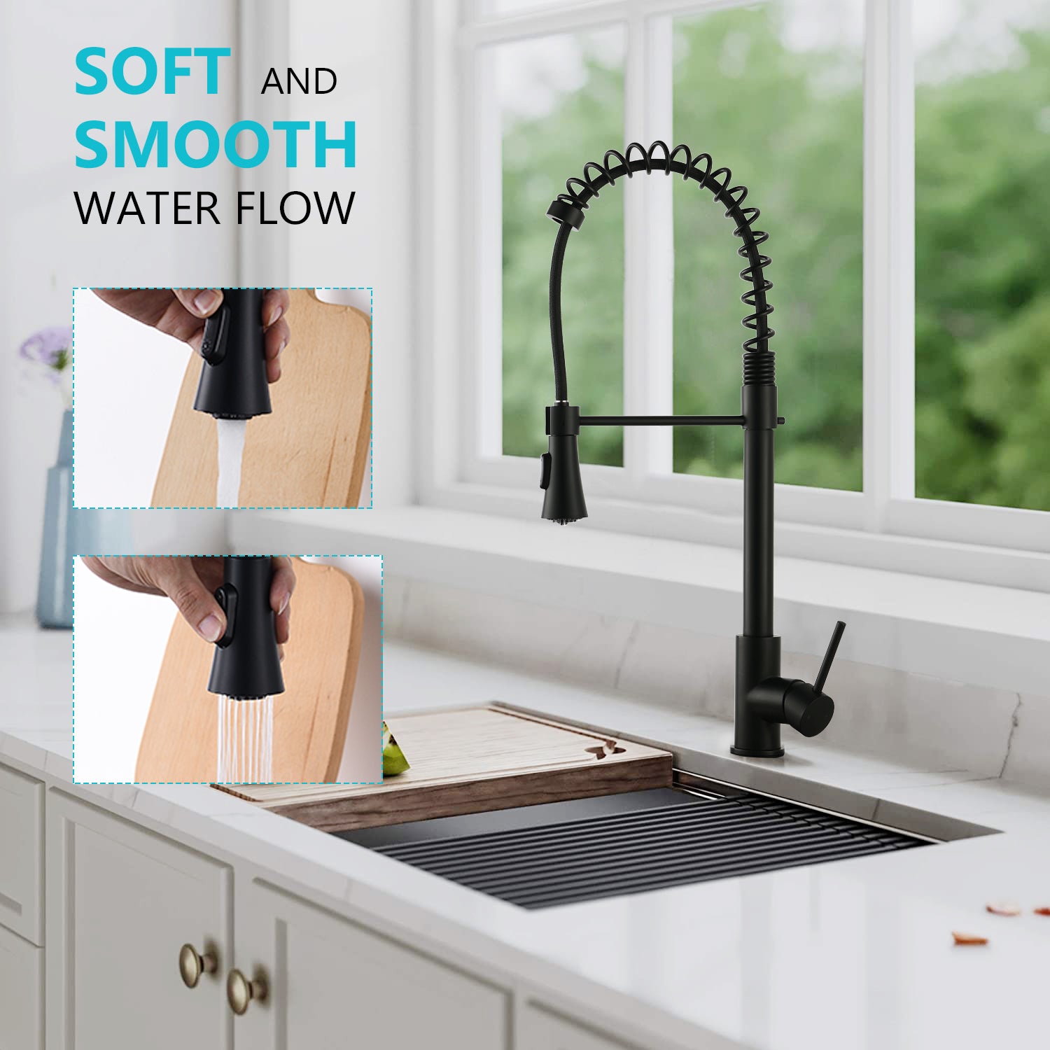 Single Handle Commercial Modern Matte Black Spring High Arc Kitchen Faucet Matte Black Stainless Steel