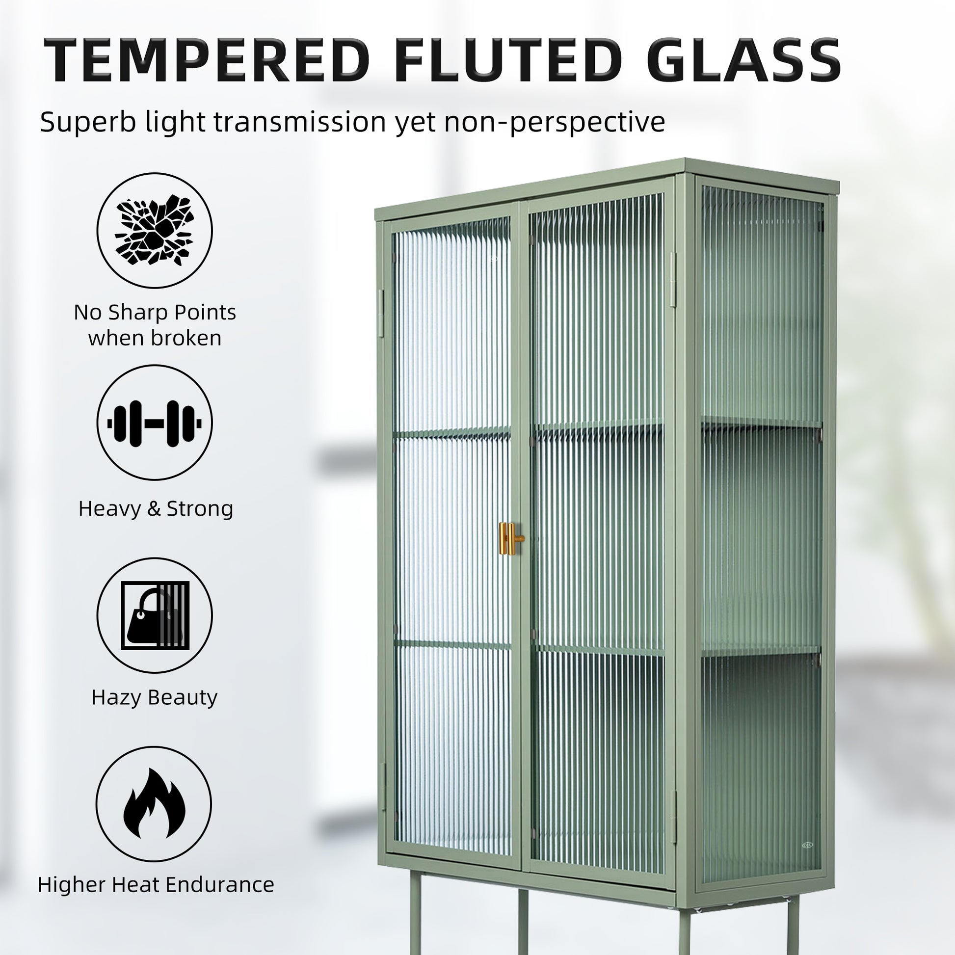 Mint Green Tall Freestanding Display Cupboard Stylish Fluted Glass Storage Cabinet With Glass Doors Three Detachable Shelves Bottom Space For Office Dining Room Living Room Bedside Entryway Mint