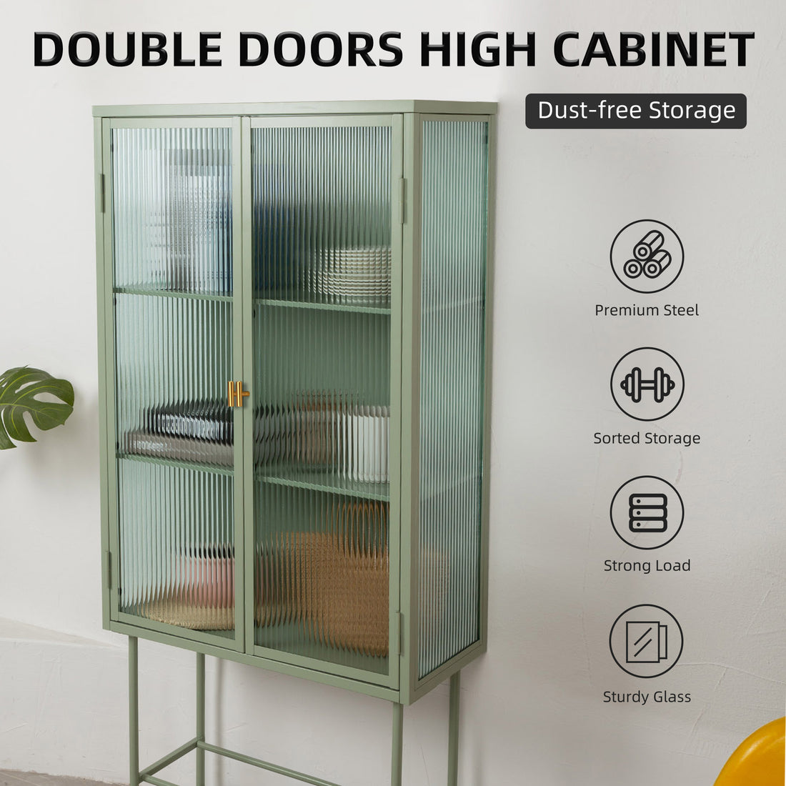 Mint Green Tall Freestanding Display Cupboard Stylish Fluted Glass Storage Cabinet With Glass Doors Three Detachable Shelves Bottom Space For Office Dining Room Living Room Bedside Entryway Mint