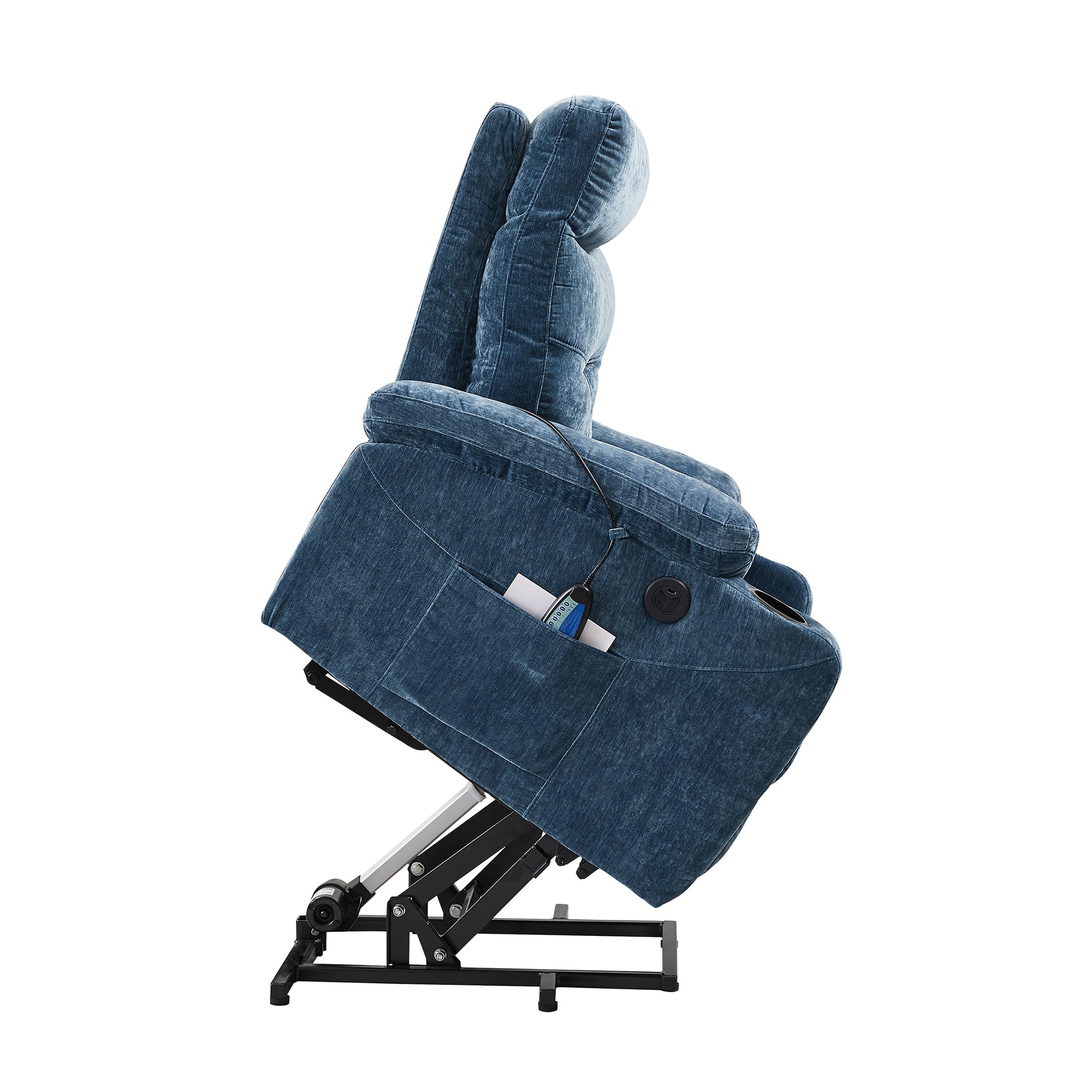 Liyasi Electric Power Lift Recliner Chair Sofa With Massage And Heat For Elderly, 3 Positions, 2 Side Pockets And Cup Holders, Usb Ports, High End Quality Fabric Blue Foam Fabric