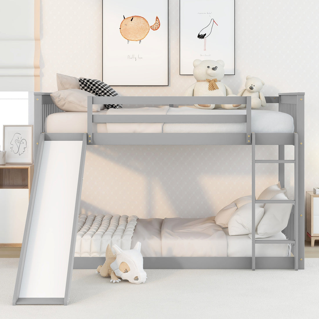 Full Over Full Bunk Bed With Slide And Ladder In Grey Color Grey Pine