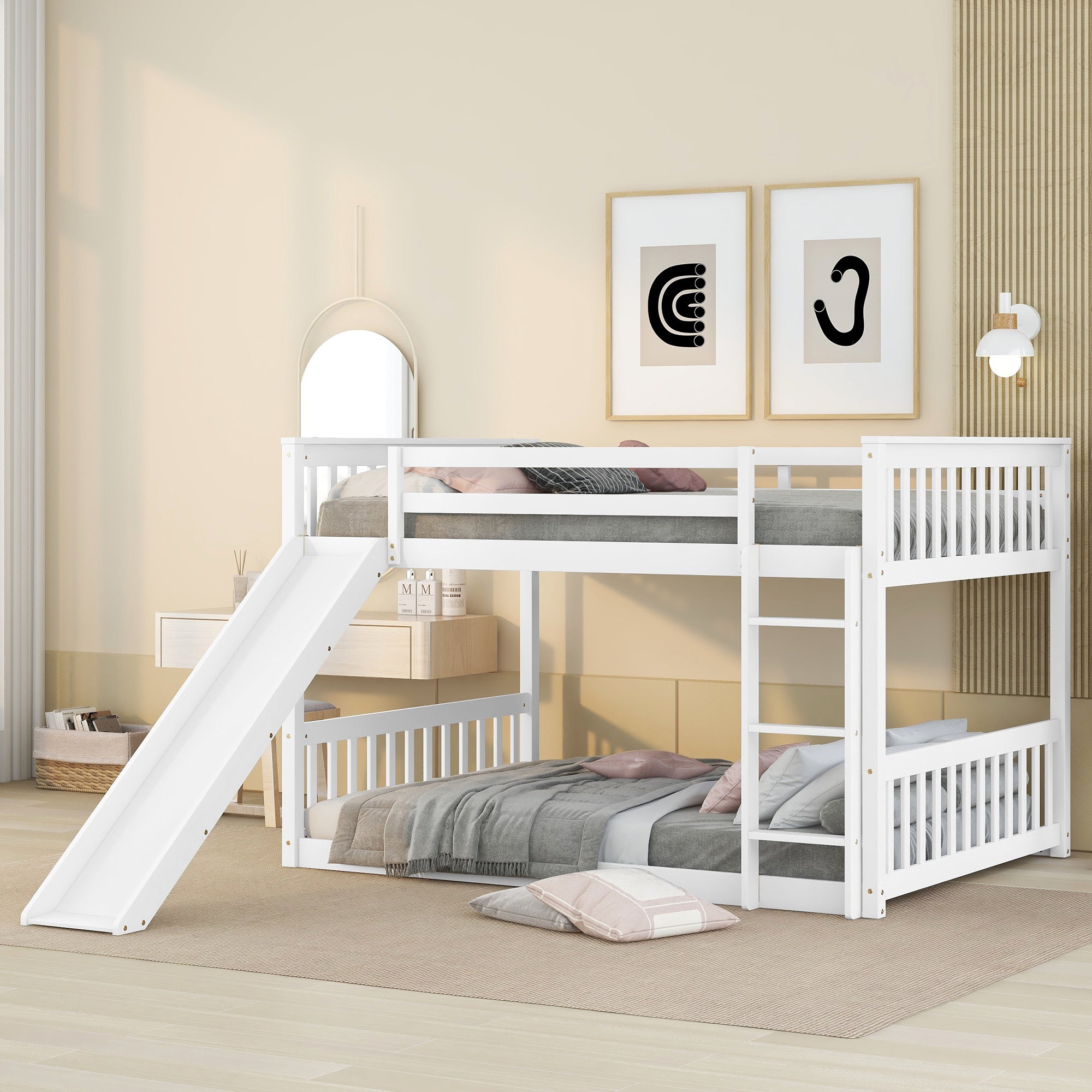 Full Over Full Bunk Bed With Slide And Ladder In White Color White Pine