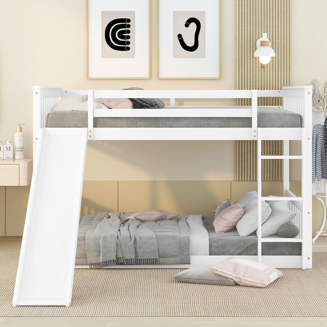 Full Over Full Bunk Bed With Slide And Ladder In White Color White Pine