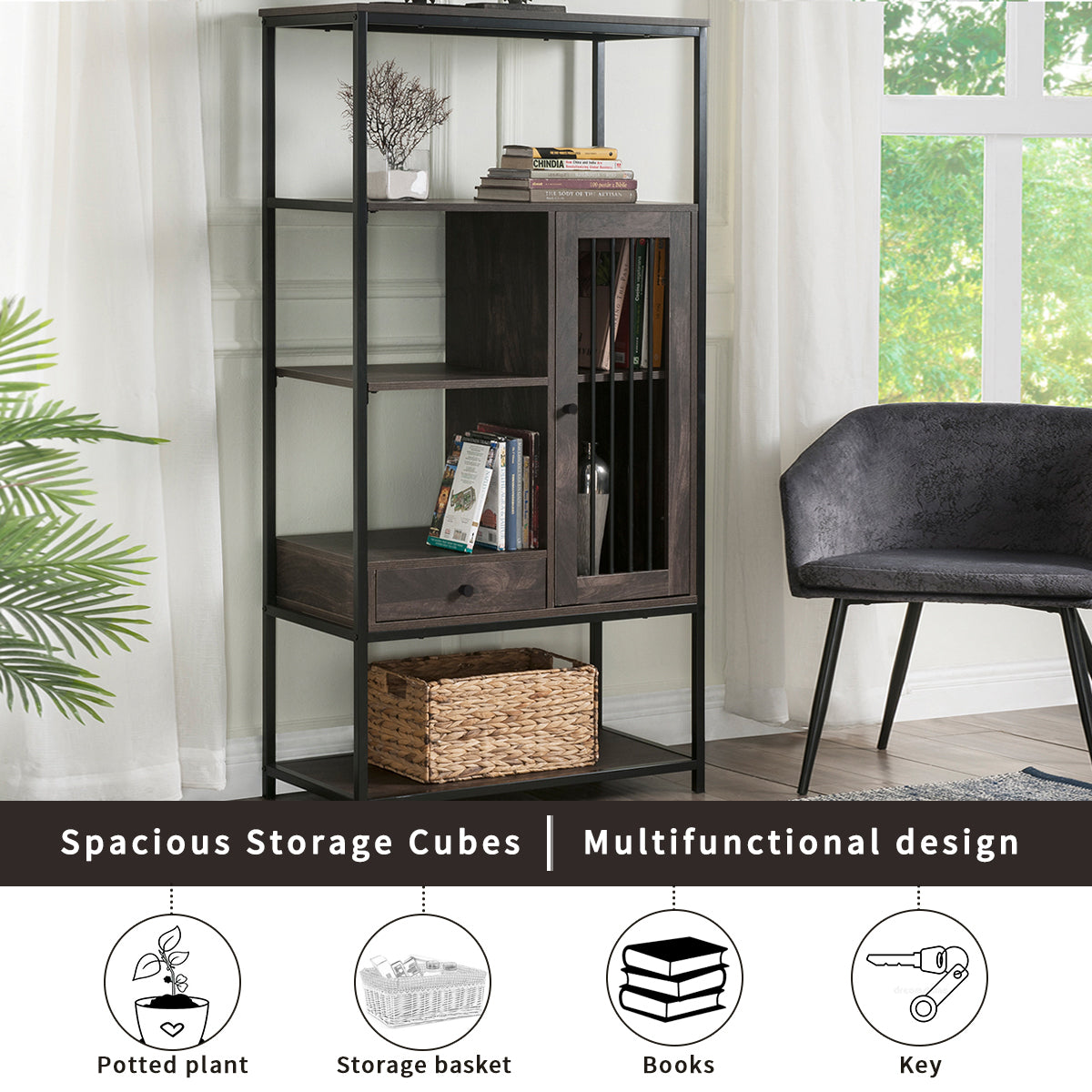 Home Office Bookcase And Bookshelf 5 Tier Display Shelf With Doors And Drawers, Freestanding Multi Functional Decorative Storage Shelving, Vintage Brown Industrial Style Brown Brown Mdf