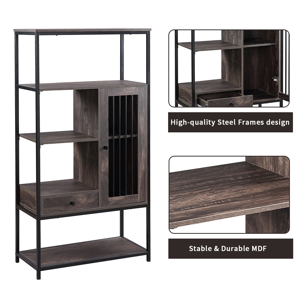 Home Office Bookcase And Bookshelf 5 Tier Display Shelf With Doors And Drawers, Freestanding Multi Functional Decorative Storage Shelving, Vintage Brown Industrial Style Brown Brown Mdf