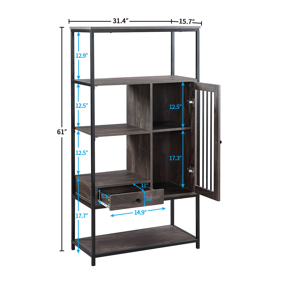 Home Office Bookcase And Bookshelf 5 Tier Display Shelf With Doors And Drawers, Freestanding Multi Functional Decorative Storage Shelving, Vintage Brown Industrial Style Brown Brown Mdf