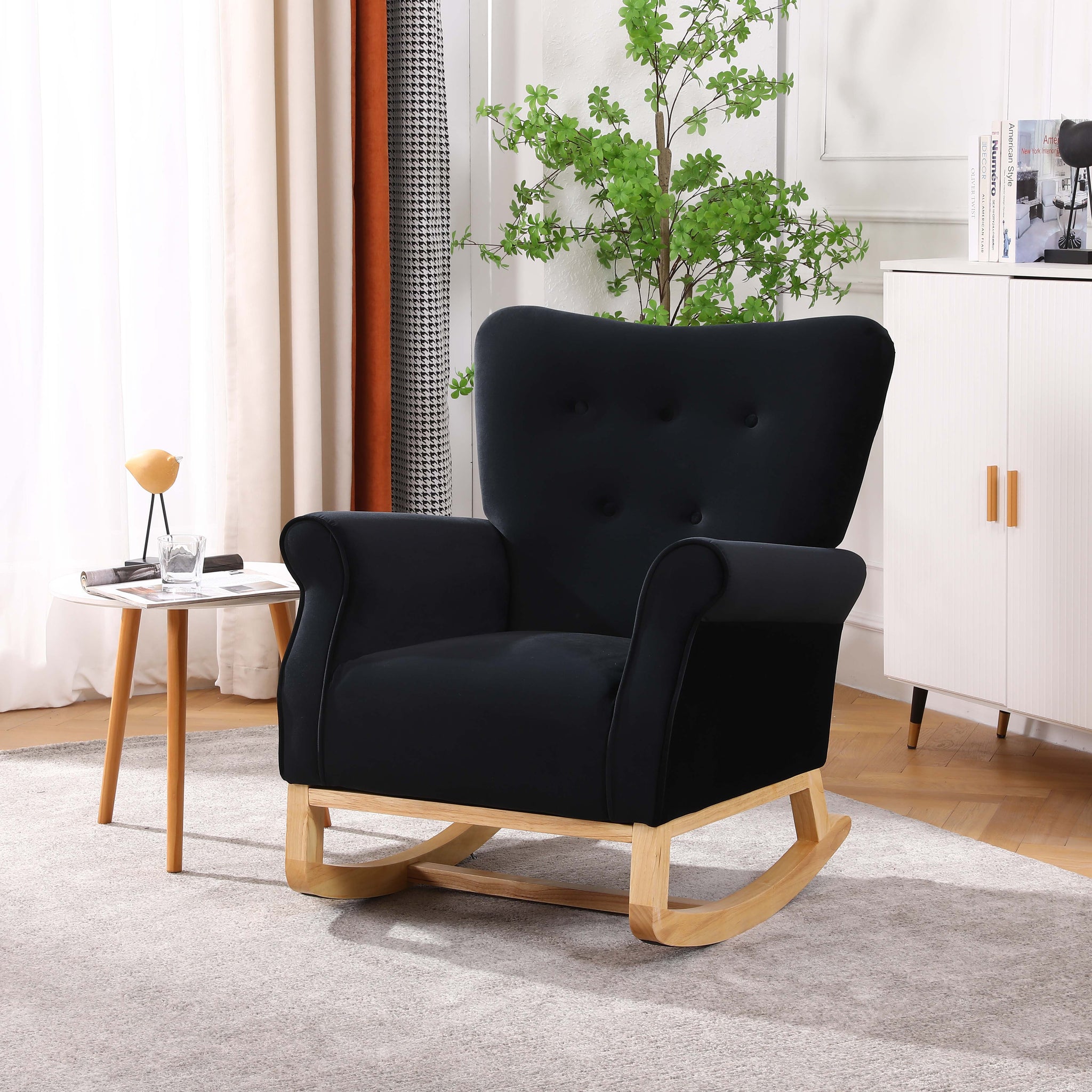 Mid Century Fabric Rocker Chair With Wood Legs And Velvet For Livingroom Bedroom Black Foam Velvet