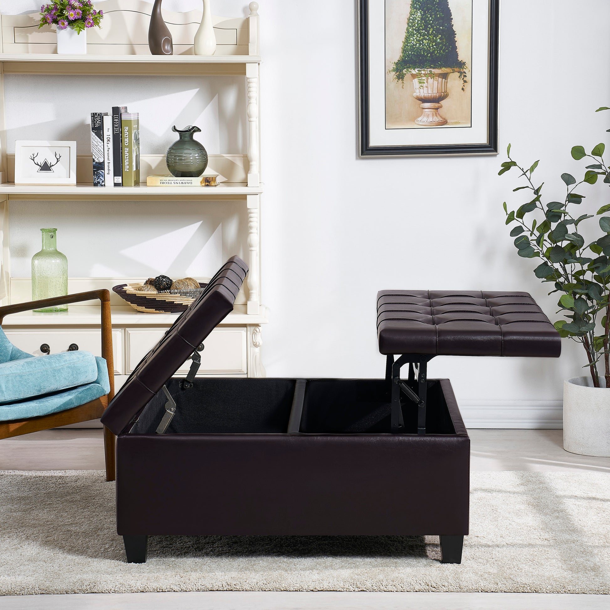 Large Square Faux Leather Storage Ottoman Coffee Table For Living Room & Bedroom Dark Brown Dark Brown Foam Pu