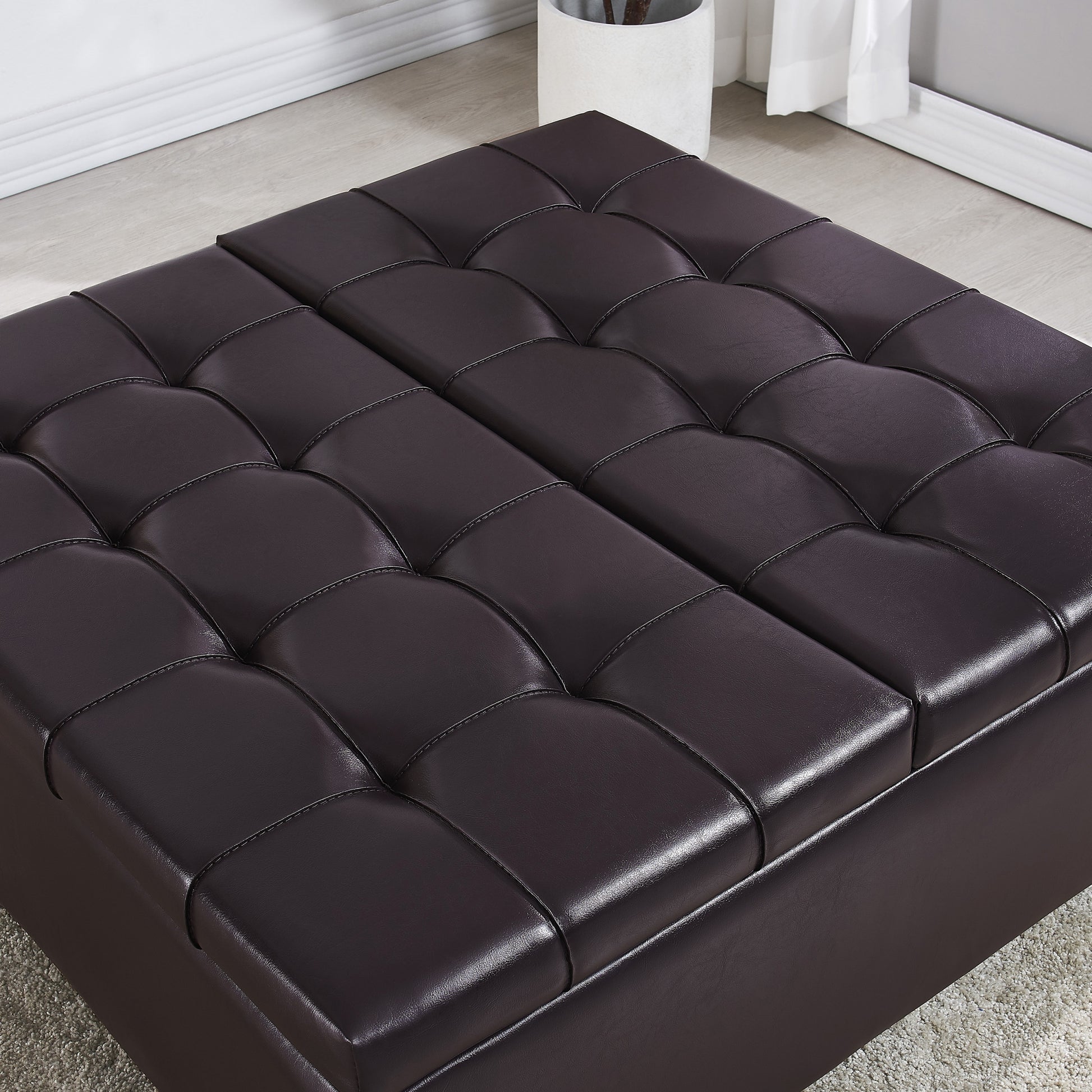 Large Square Faux Leather Storage Ottoman Coffee Table For Living Room & Bedroom Dark Brown Dark Brown Foam Pu