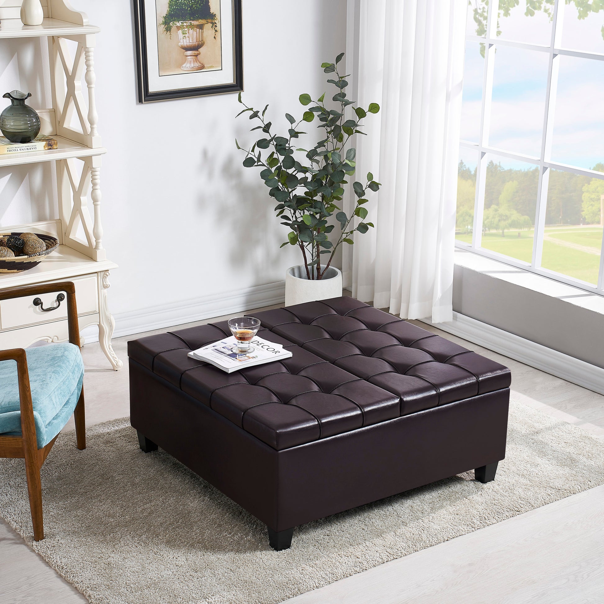 Large Square Faux Leather Storage Ottoman Coffee Table For Living Room & Bedroom Dark Brown Dark Brown Foam Pu