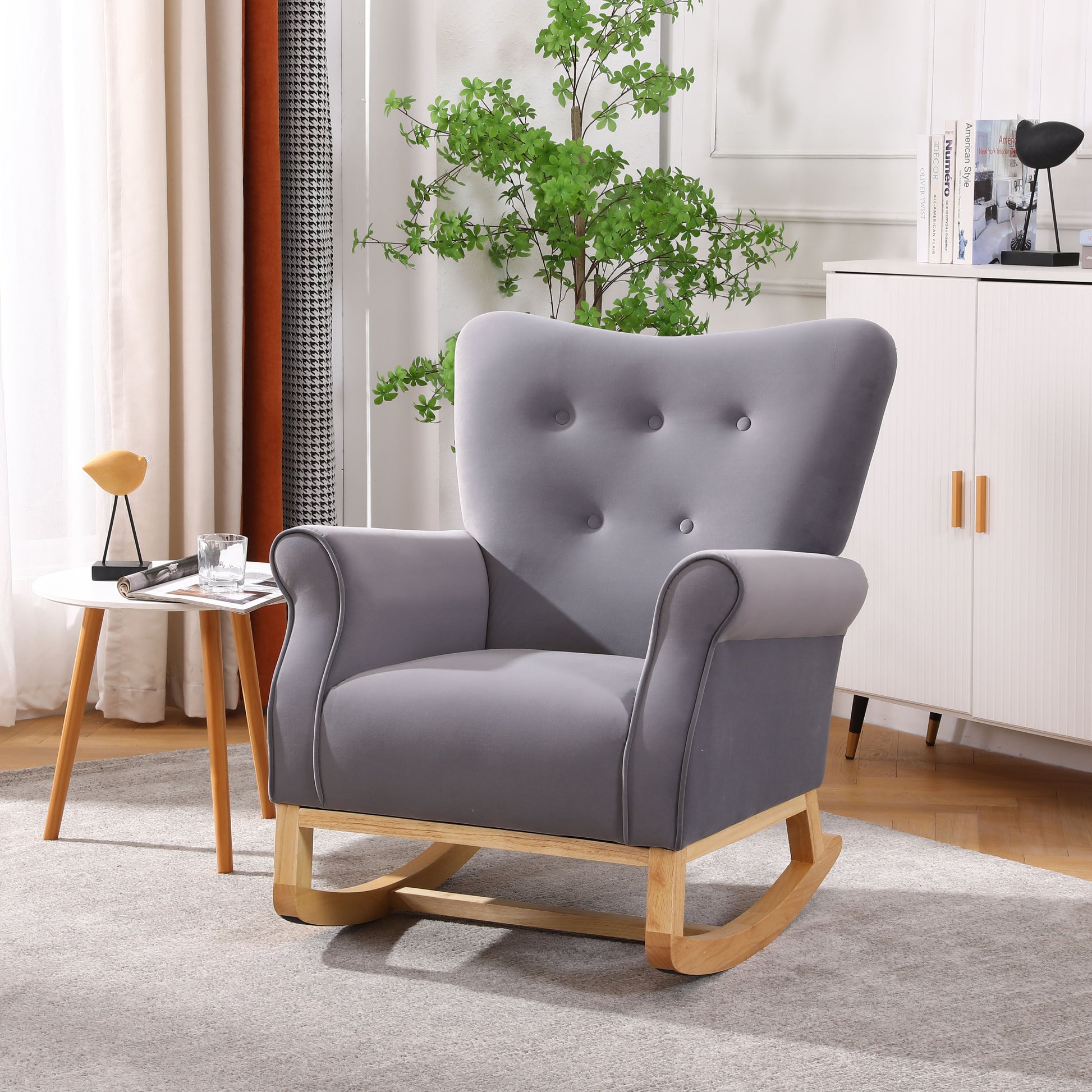 Modern Rocking Chair, Upholstered Accent Chair For Nursery, Playroom, Bedroom And Living Room, Small Contemporary Rocker, Kids Cushioned Arm Chair, Grey Grey Foam Velvet