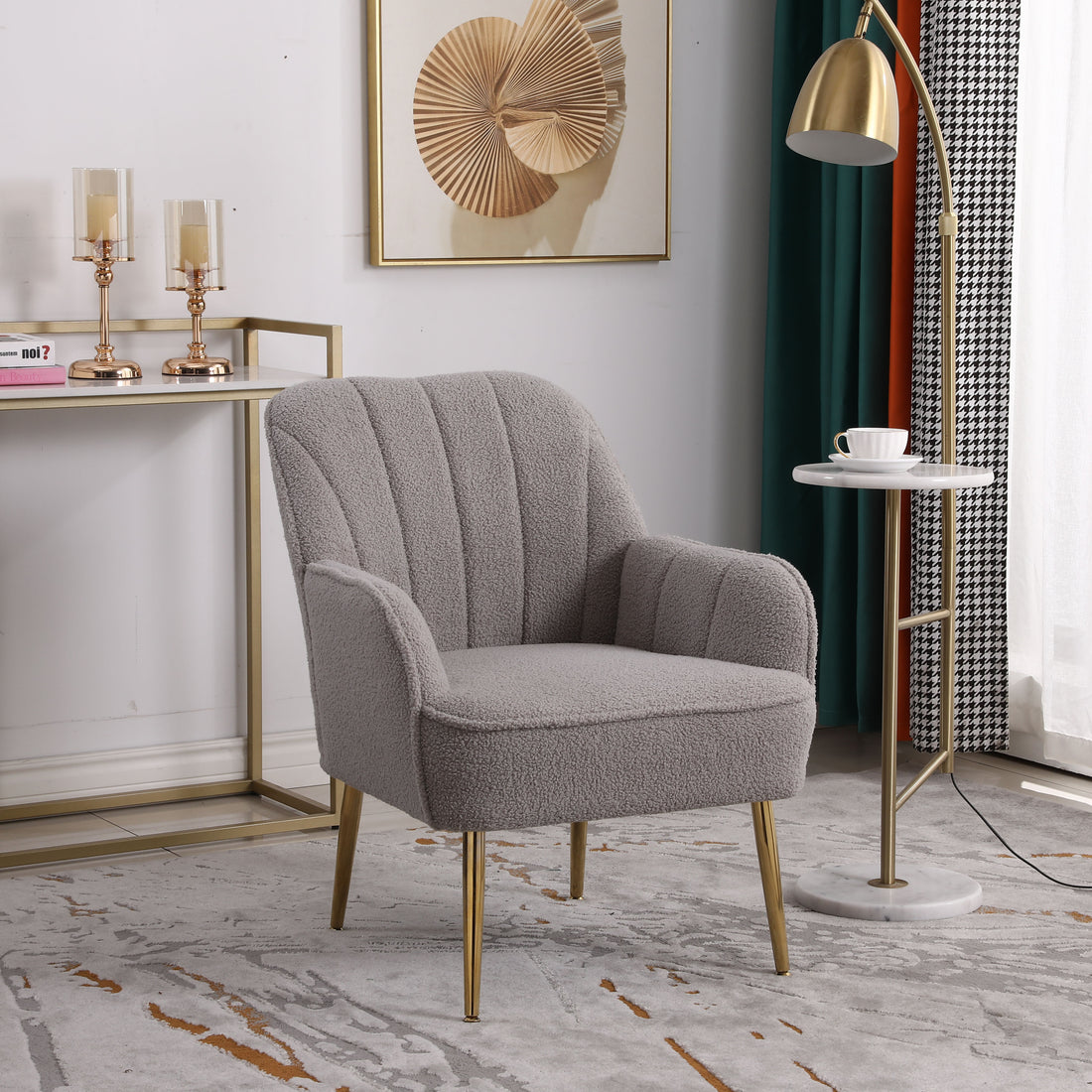 Modern Mid Century Chair Tufted Sherpa Armchair For Living Room Bedroom Office Easy Assemble Grey Foam Faux Fur