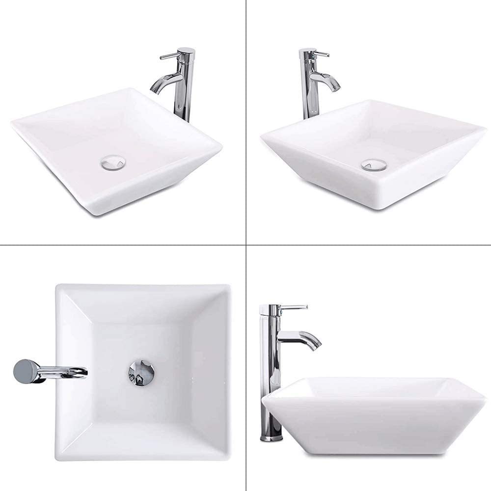 16.5" Square Bathroom Vessel Sink White Porcelain Counter Bowl For Bathroom Vanity White Ceramic