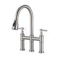 Double Handle Bridge Kitchen Faucet With Pull Down Spray Head Brushed Nickel Stainless Steel