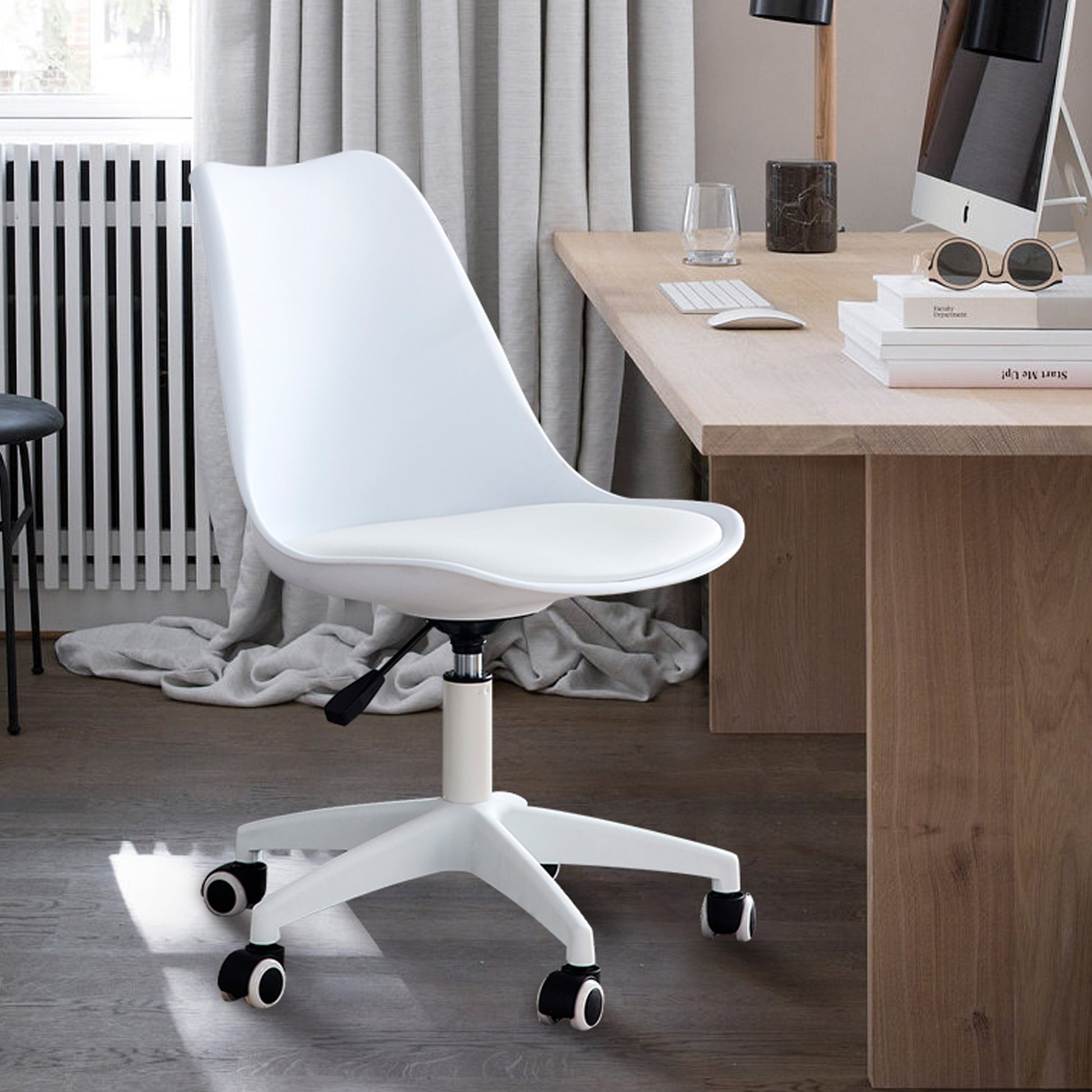 Modern Home Office Desk Chairs, Adjustable 360 Swivel Chair Engineering Plastic Armless Swivel Computer Chair With Wheels For Living Room, Bed Room Office Hotel Dining Room And White. White Plastic