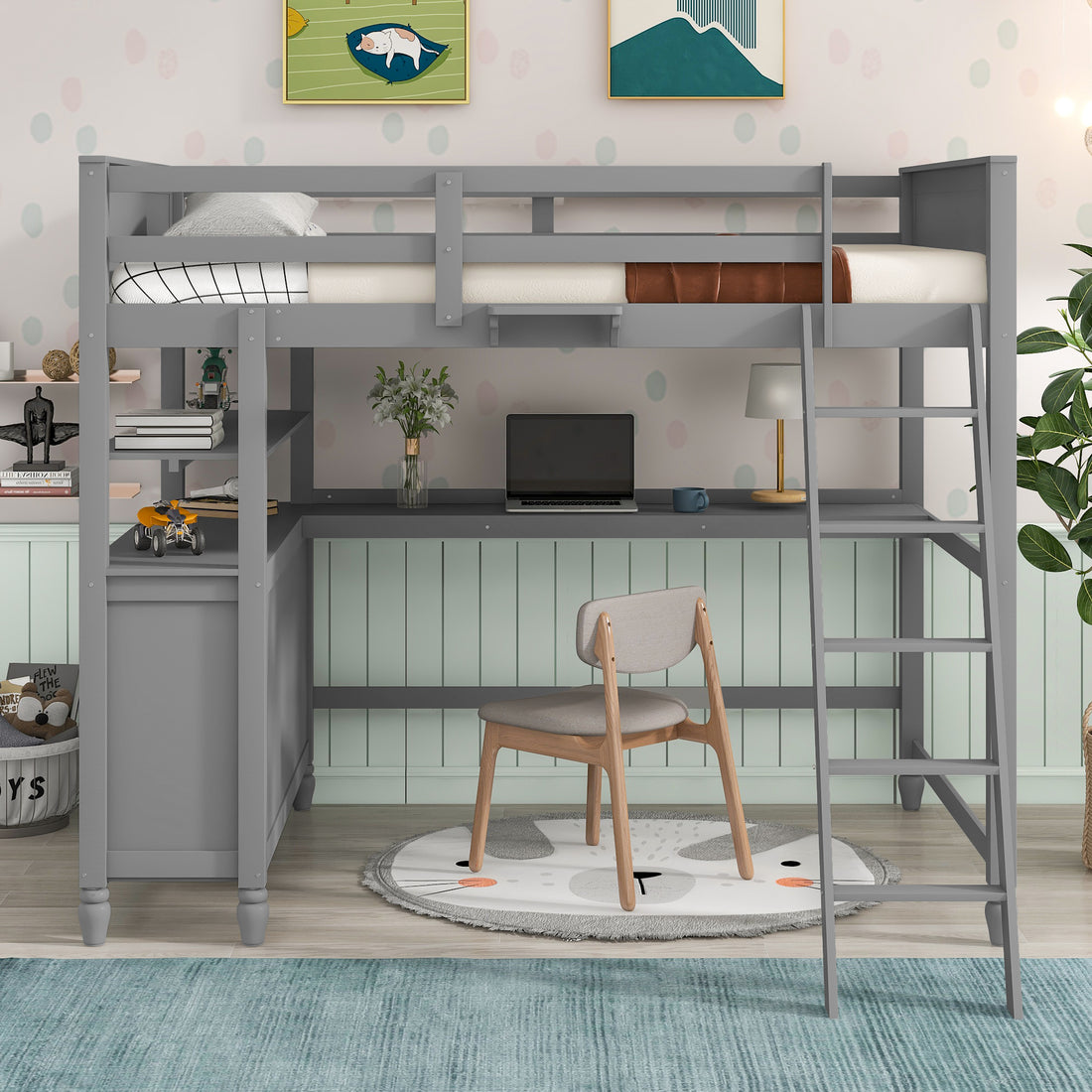 Full Size Loft Bed With Drawers And Desk, Wooden Loft Bed With Shelves Gray Old Sku:Lt001529Aae Gray Solid Wood