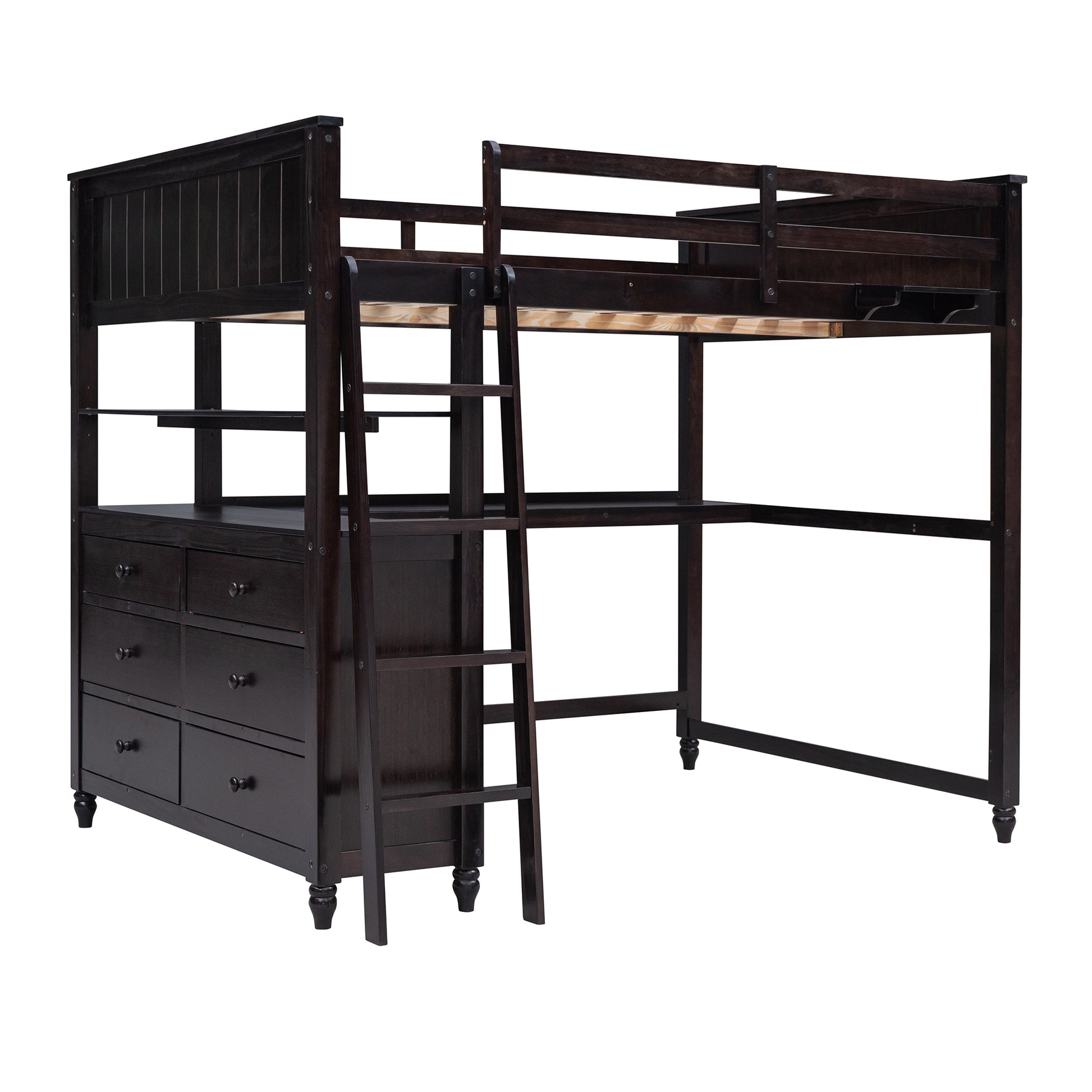 Full Size Loft Bed With Drawers And Desk, Wooden Loft Bed With Shelves Espresso Old Sku:Lt001529Aap Espresso Solid Wood