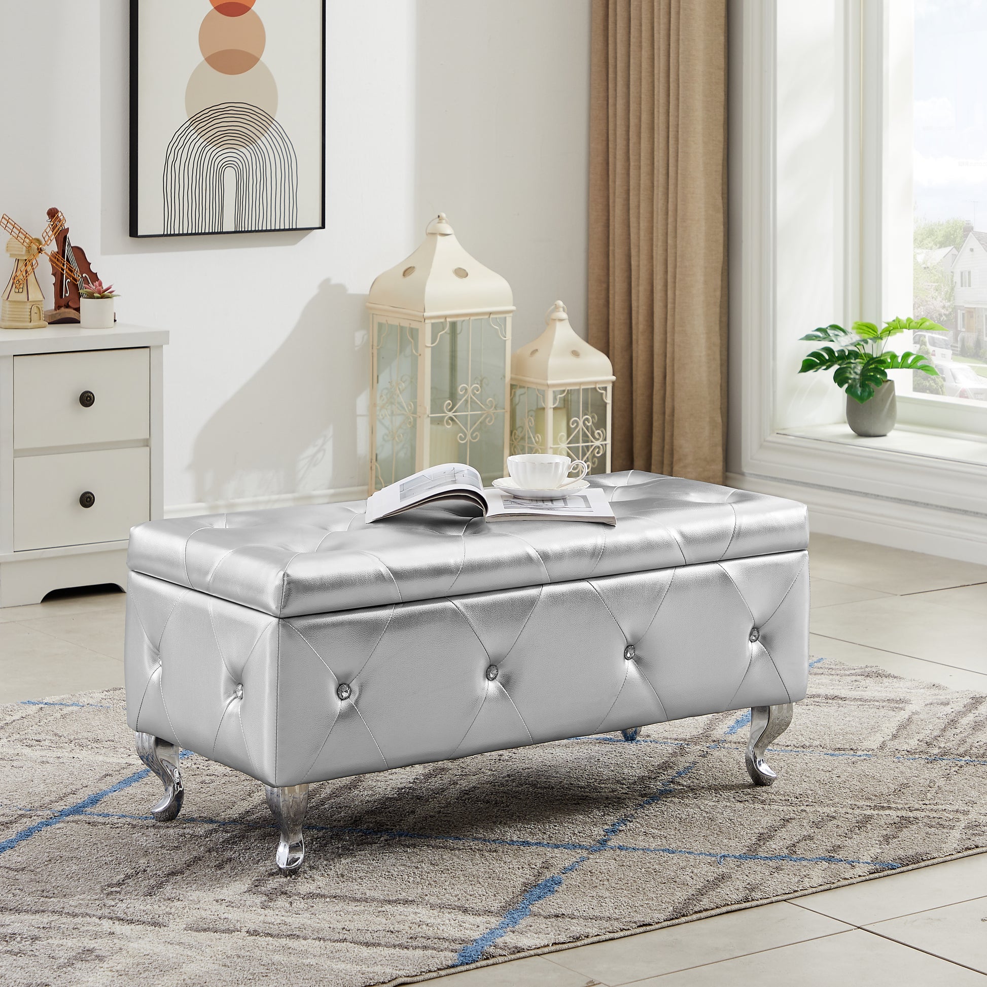 Storage Bench, Flip Top Entryway Bench Seat With Safety Hinge, Storage Chest With Padded Seat, Bed End Stool For Hallway Living Room Bedroom, Supports 250 Lbs,Silver Pu Silver Pu