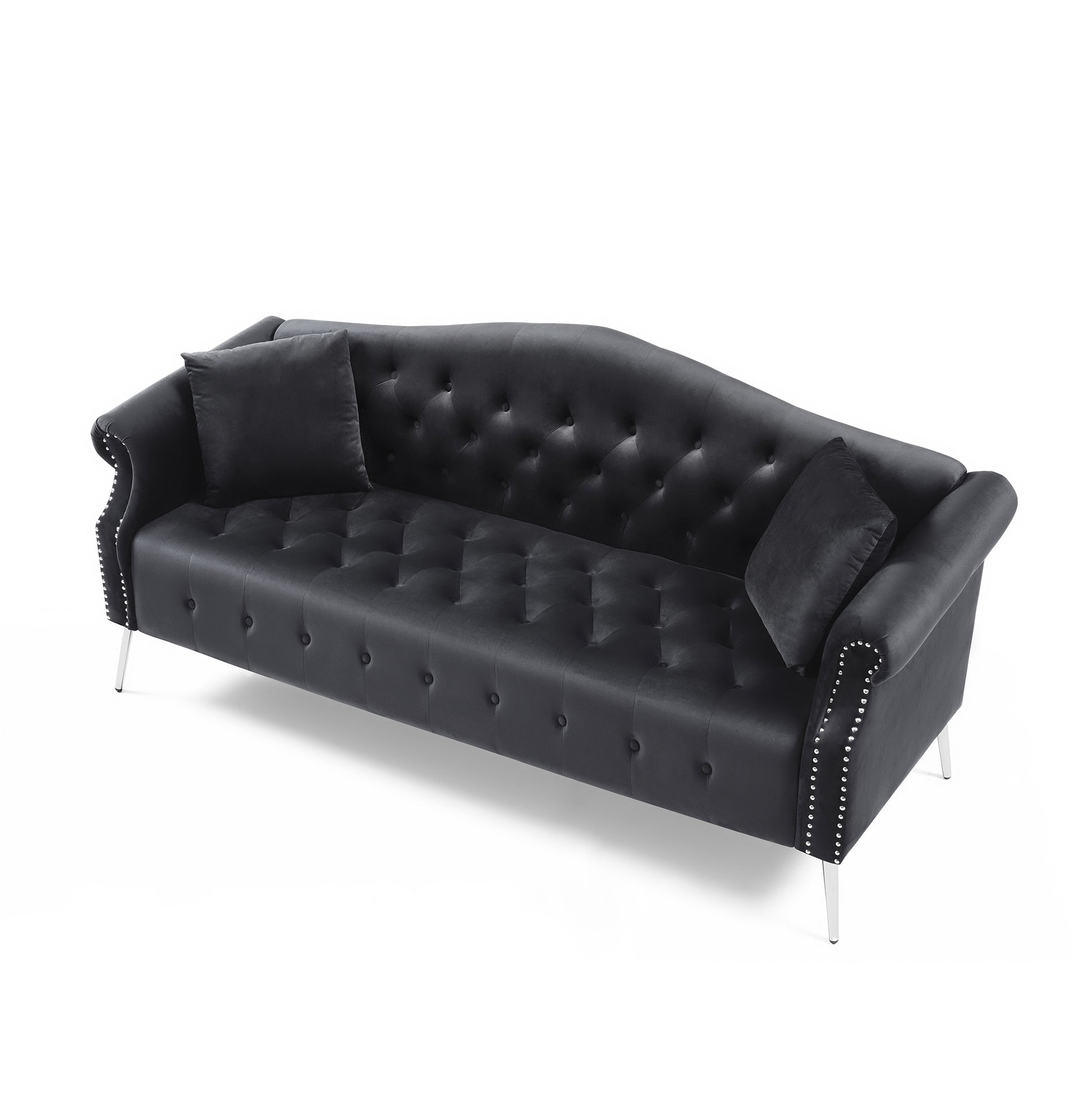 78.7" Width Classic Chesterfield Velvet Sofa Contemporary Upholstered Couch Button Tufted Trimming Curved Backrest Rolled Arms With Silver Metal Legs Living Room Set,2 Pillows Included,Black Black Velvet