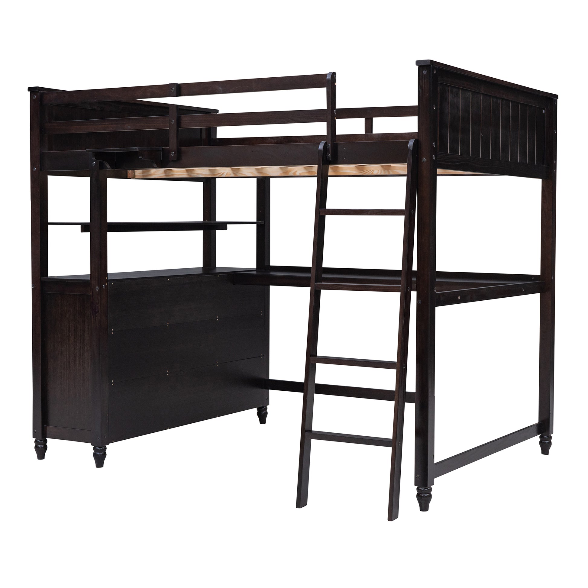 Full Size Loft Bed With Drawers And Desk, Wooden Loft Bed With Shelves Espresso Old Sku:Lt001529Aap Espresso Solid Wood