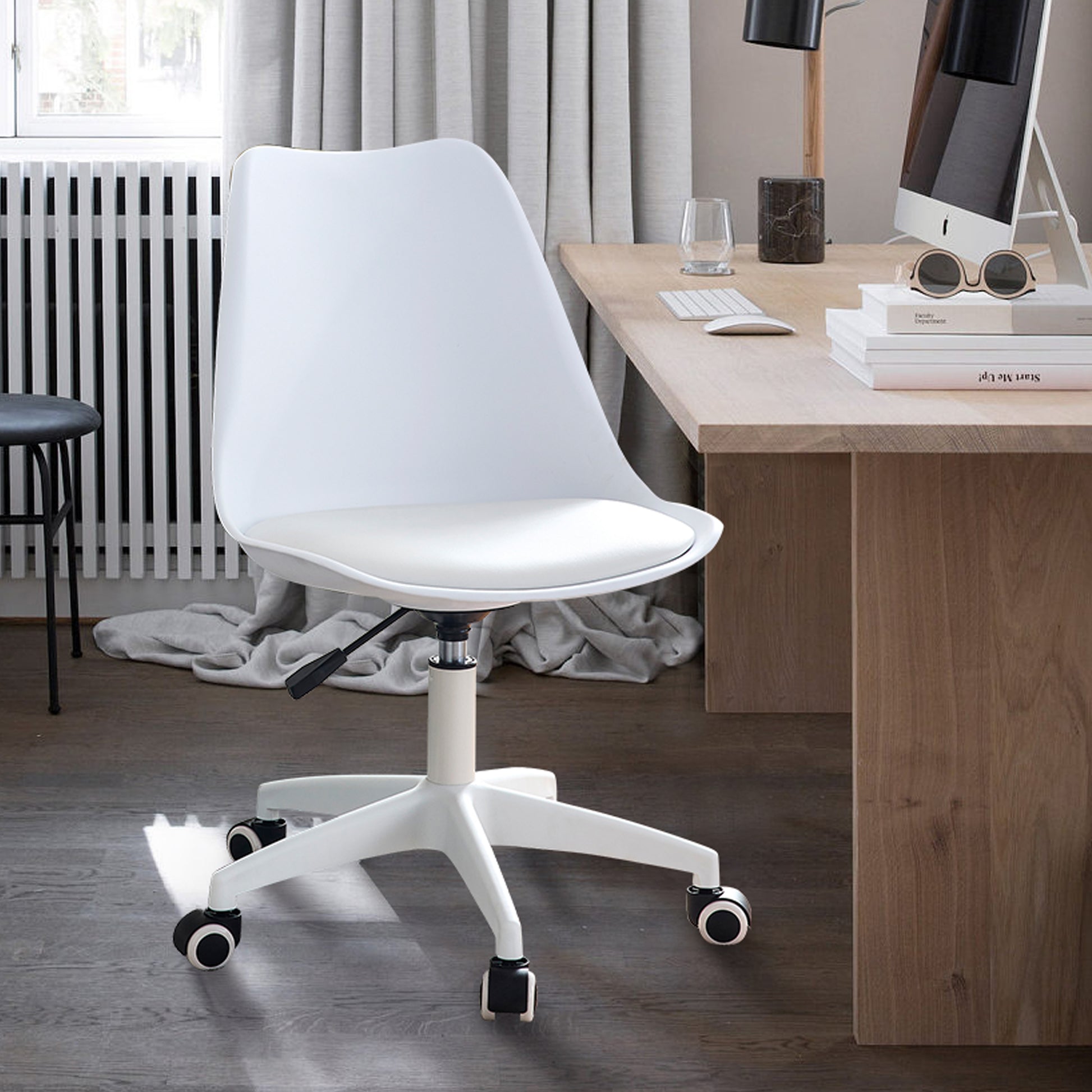 Modern Home Office Desk Chairs, Adjustable 360 Swivel Chair Engineering Plastic Armless Swivel Computer Chair With Wheels For Living Room, Bed Room Office Hotel Dining Room And White. White Plastic