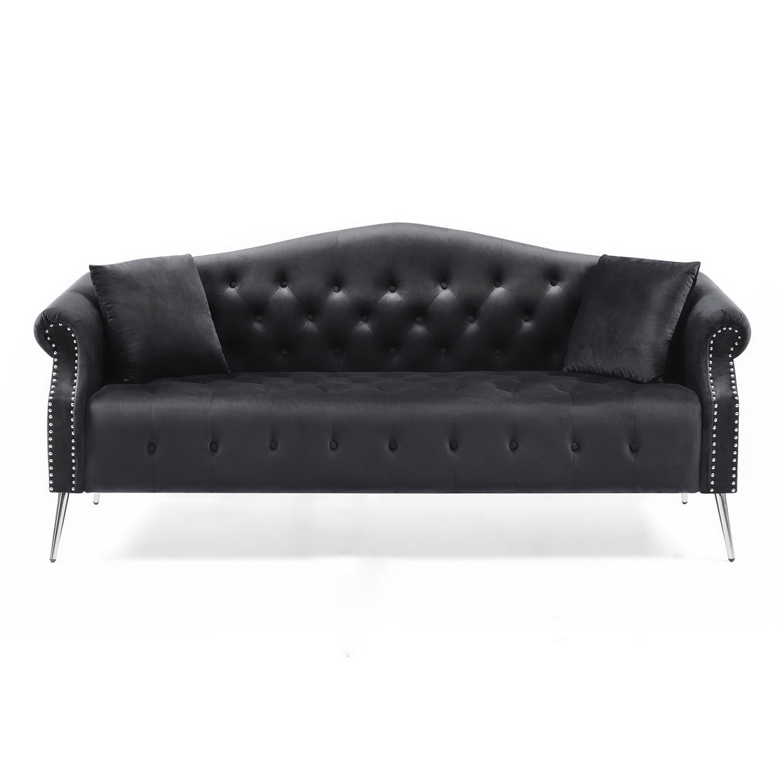 78.7" Width Classic Chesterfield Velvet Sofa Contemporary Upholstered Couch Button Tufted Trimming Curved Backrest Rolled Arms With Silver Metal Legs Living Room Set,2 Pillows Included,Black Black Velvet