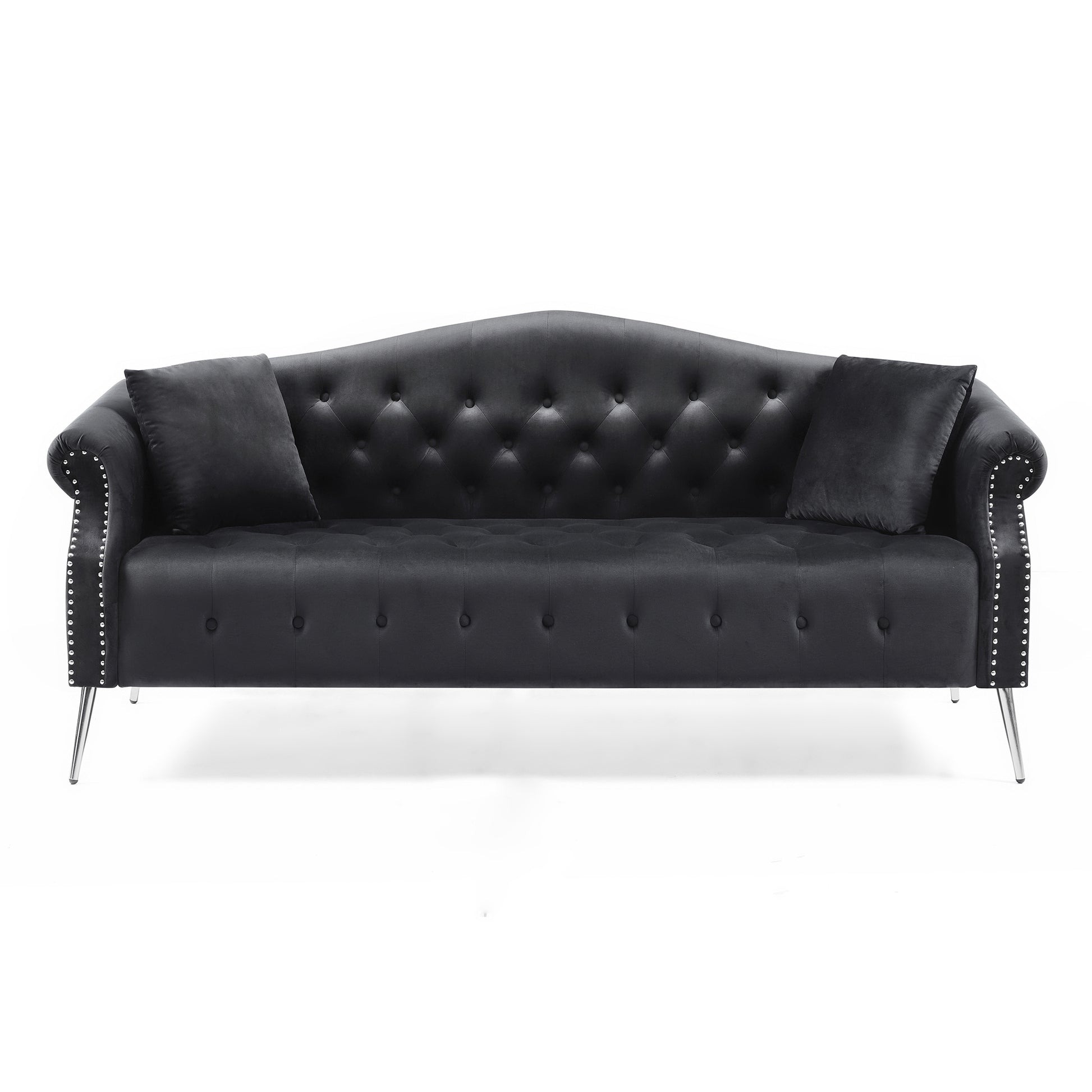 78.7" Width Classic Chesterfield Velvet Sofa Contemporary Upholstered Couch Button Tufted Trimming Curved Backrest Rolled Arms With Silver Metal Legs Living Room Set,2 Pillows Included,Black Black Velvet