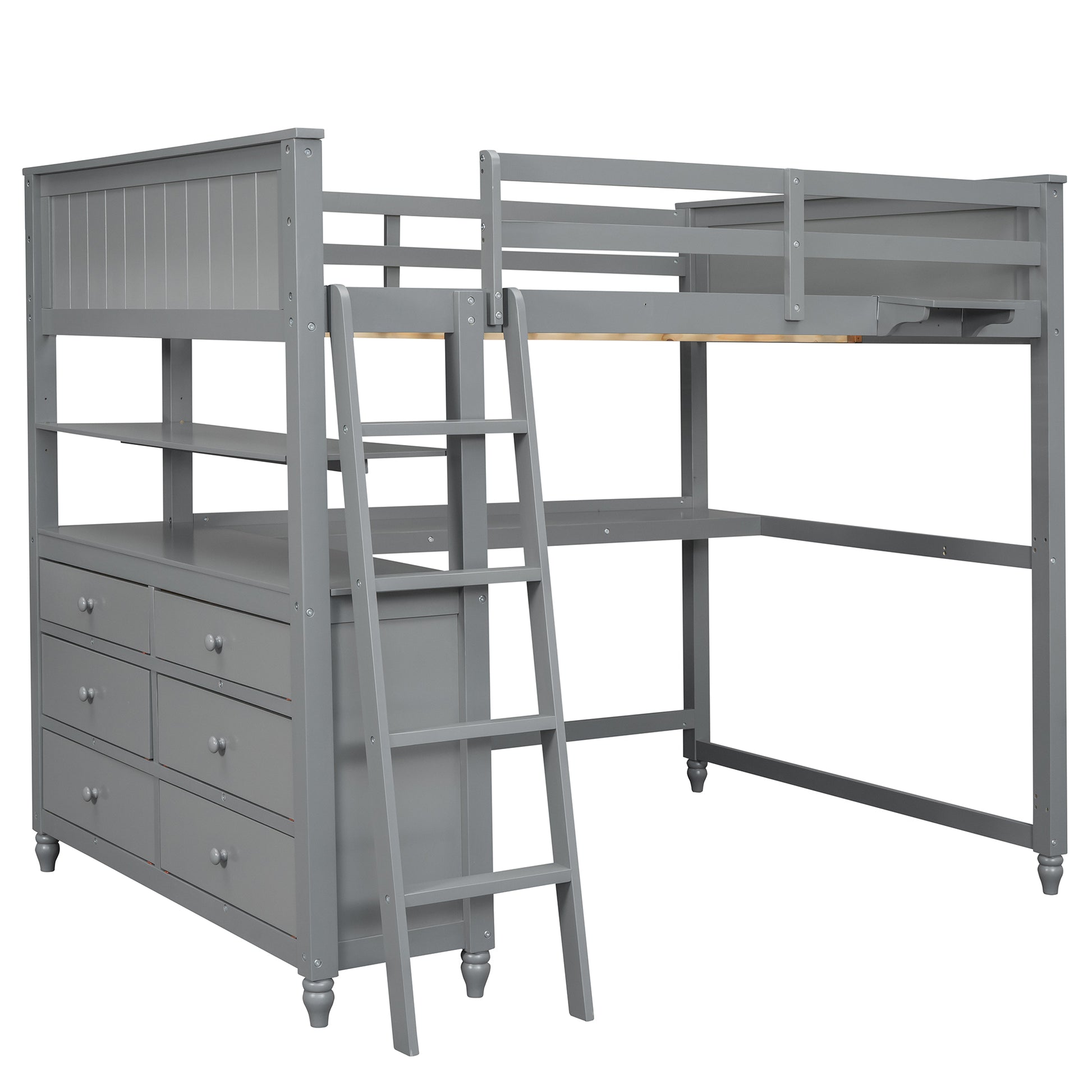 Full Size Loft Bed With Drawers And Desk, Wooden Loft Bed With Shelves Gray Old Sku:Lt001529Aae Gray Solid Wood