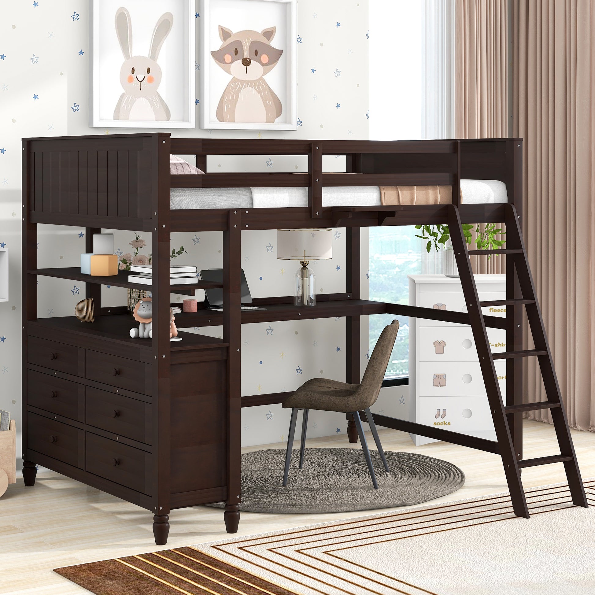 Full Size Loft Bed With Drawers And Desk, Wooden Loft Bed With Shelves Espresso Old Sku:Lt001529Aap Espresso Solid Wood